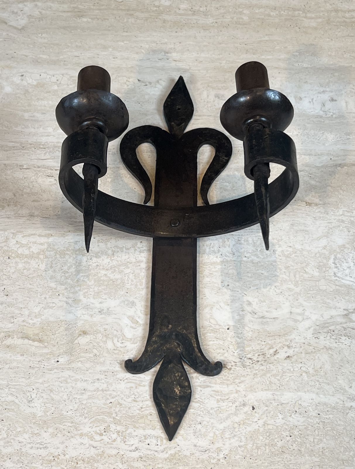Important Pair Of Wrought Iron Wall Sconces "With Fleur De Lys" Design, 2 Light Gothic Style photo Home Decor