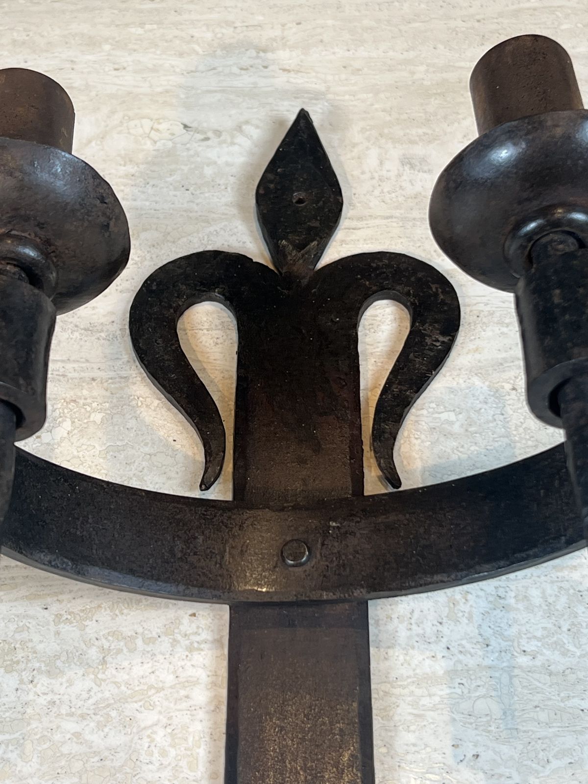 Important Pair Of Wrought Iron Wall Sconces "With Fleur De Lys" Design, 2 Light Gothic Style photo vinterior