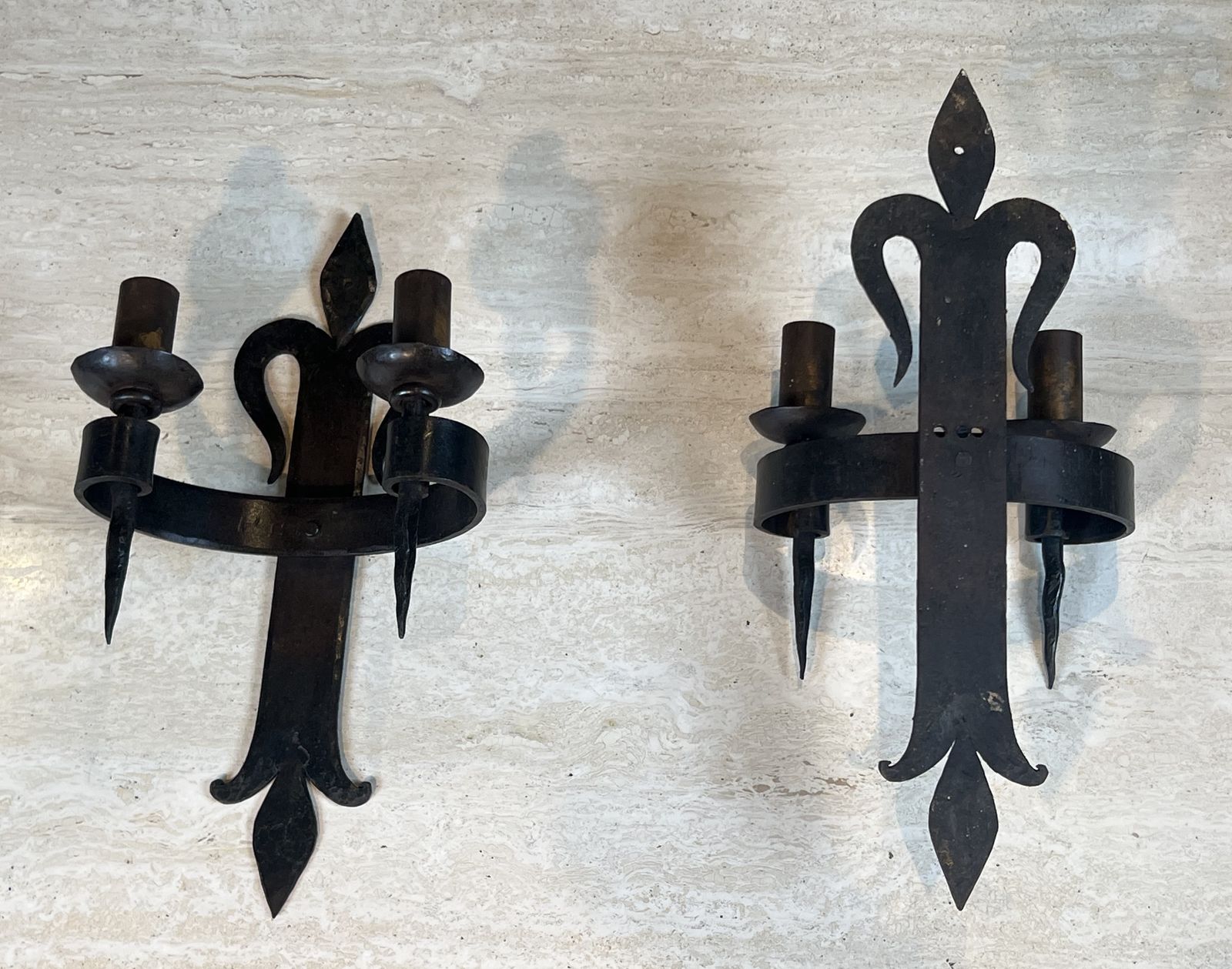 photo for sale Important Pair Of Wrought Iron Wall Sconces "With Fleur De Lys" Design, 2 Light Gothic Style