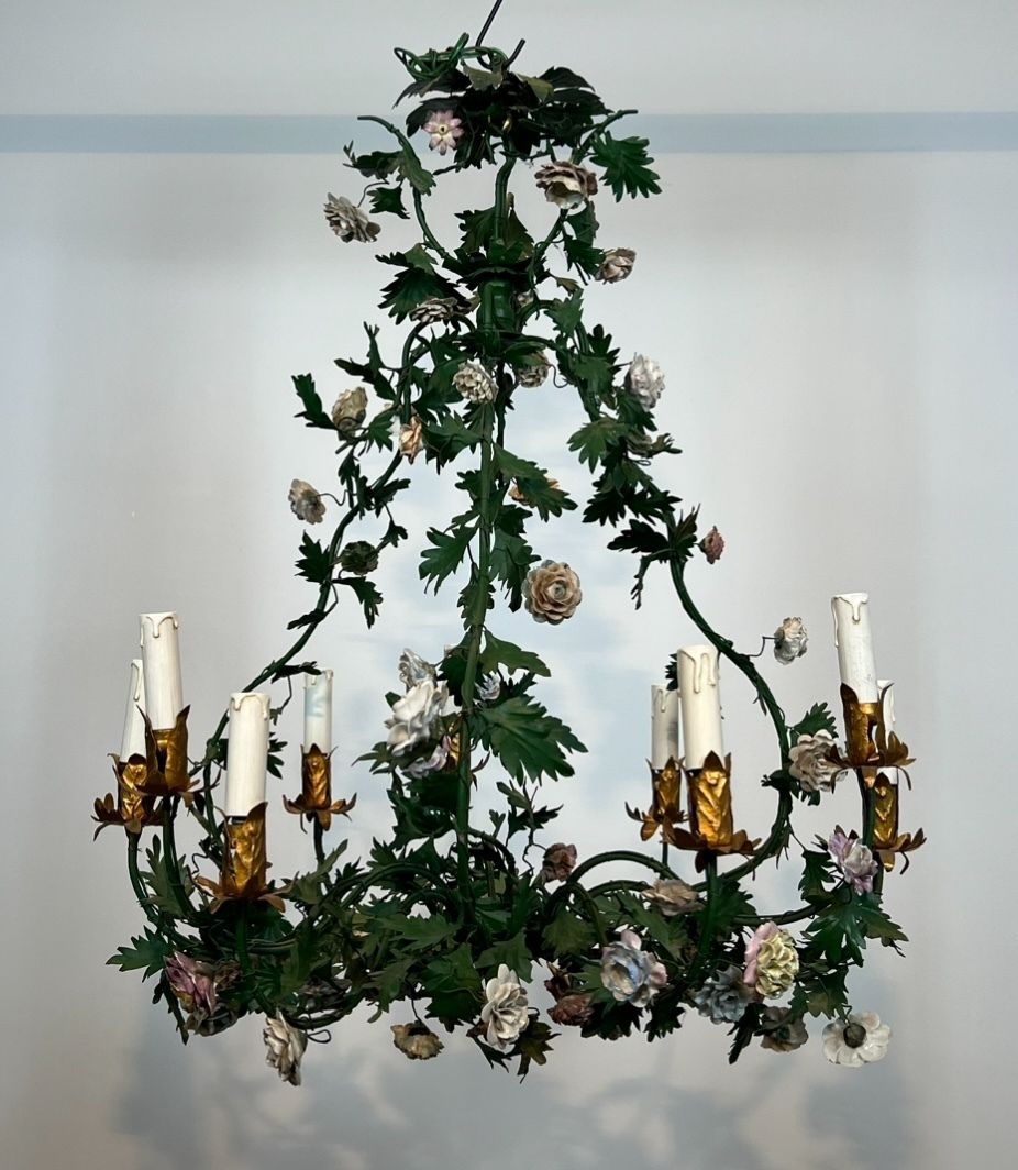 Important Louis XVI Style Brass Basket Chandelier In Green Lacquered Metal Foliage And Meissen Porcelain Flowers photo for sale