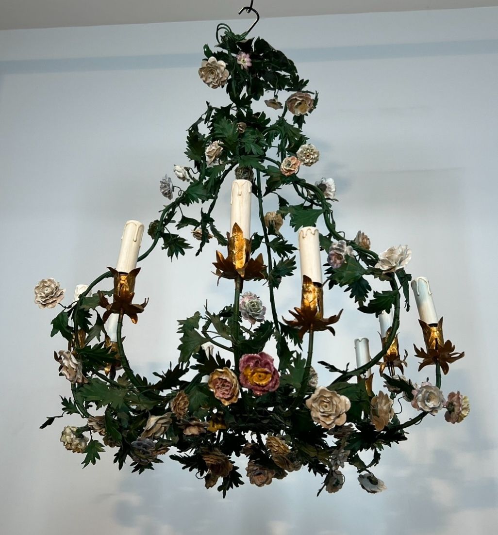 Important Louis XVI Style Brass Basket Chandelier In Green Lacquered Metal Foliage And Meissen Porcelain Flowers photo Lighting