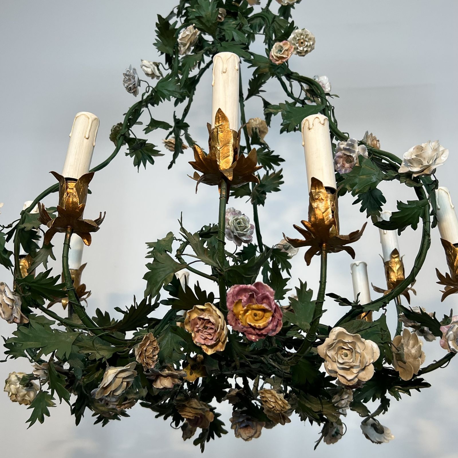 Important Louis XVI Style Brass Basket Chandelier In Green Lacquered Metal Foliage And Meissen Porcelain Flowers photo vinterior