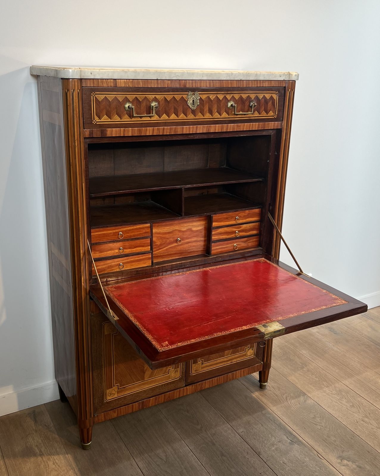 Louis XVI Style Drop Front Secretary Desk In Marquetry And Carrara Marble Top photo furniture