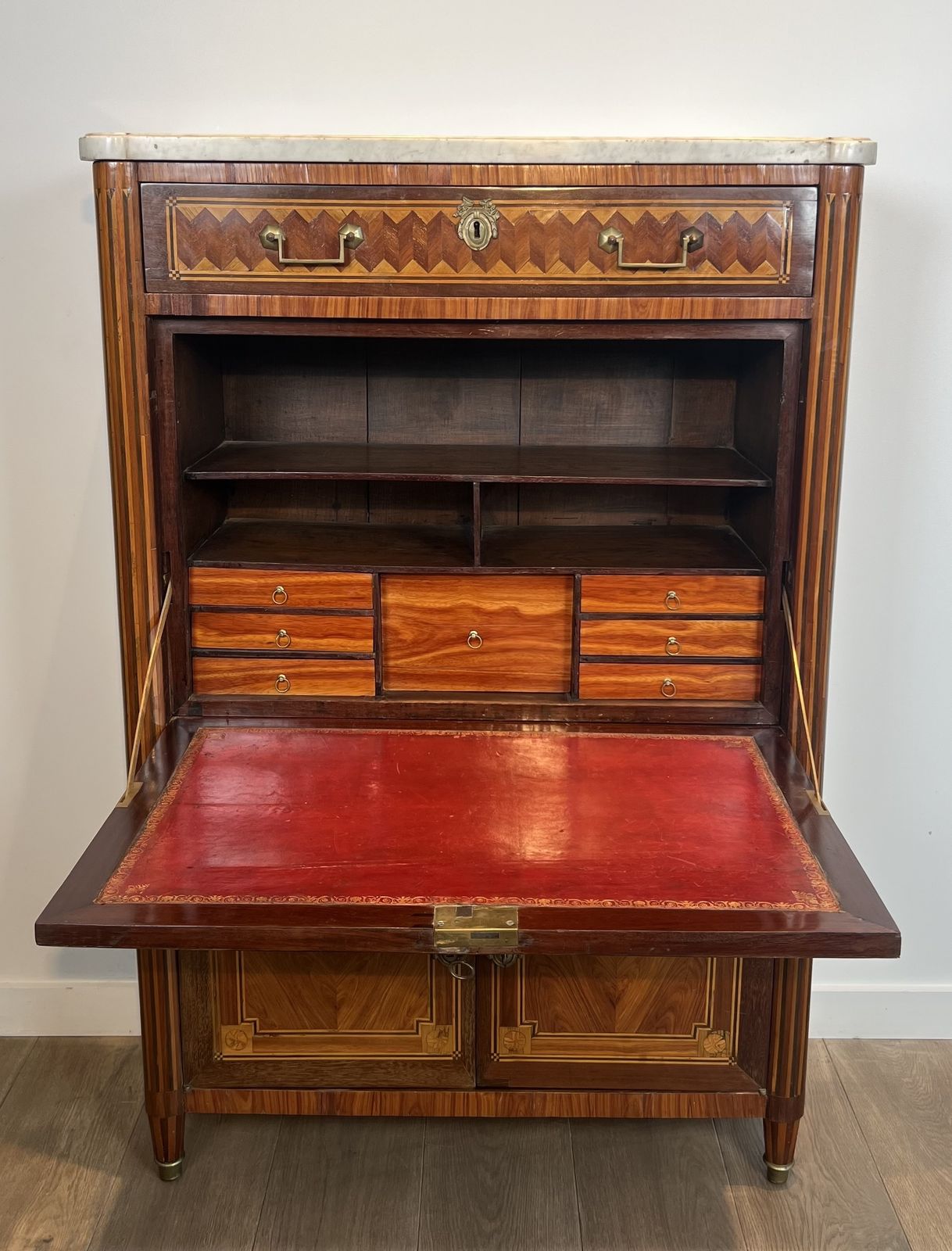 Louis XVI Style Drop Front Secretary Desk In Marquetry And Carrara Marble Top photo for sale