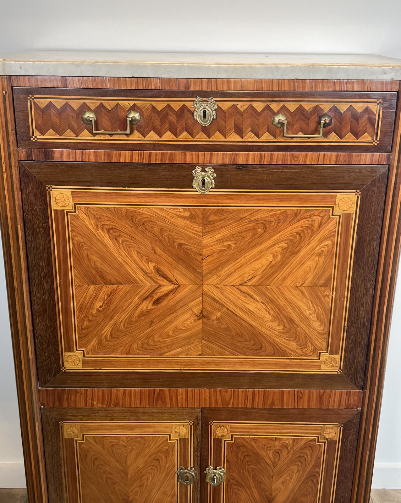 Louis XVI Style Drop Front Secretary Desk In Marquetry And Carrara Marble Top photo buy