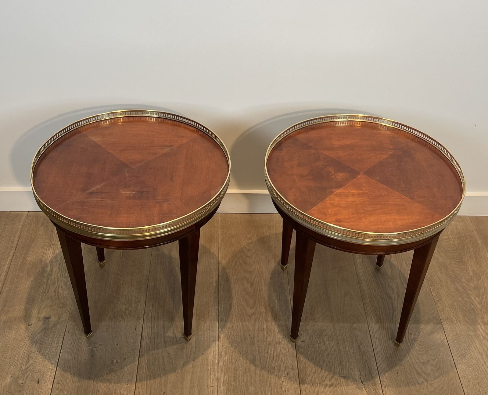 Pair Of Round Mahogany And Brass Side Tables, Also Known As Bouillotte Tables, End Tables, Or Pedestal Tables In Neoclassical Style photo for sale