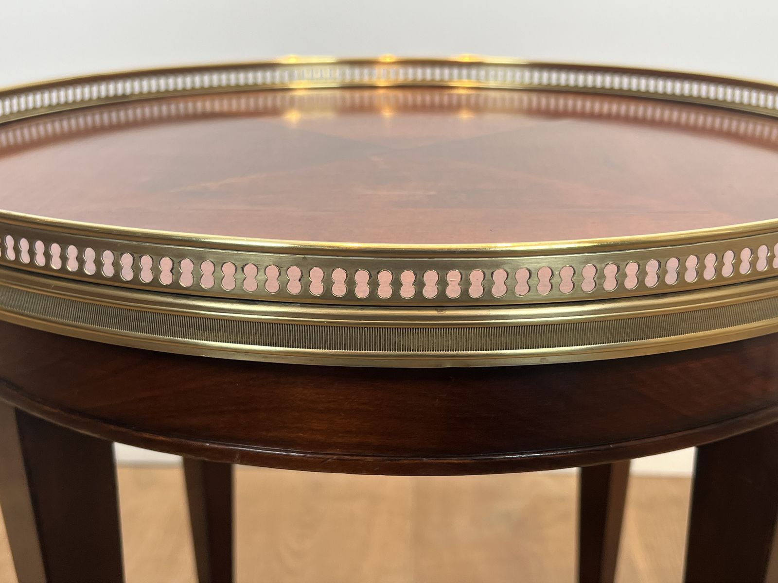 Pair Of Round Mahogany And Brass Side Tables, Also Known As Bouillotte Tables, End Tables, Or Pedestal Tables In Neoclassical Style photo vintage