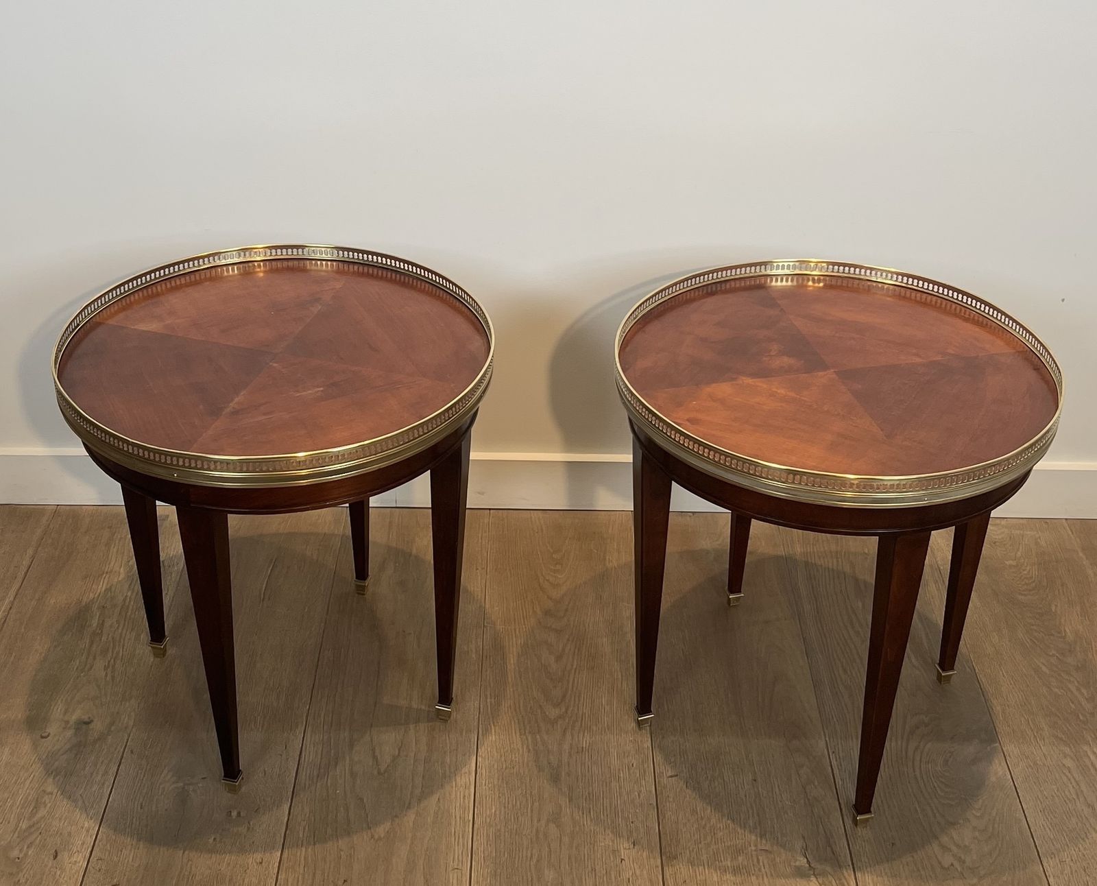 1850.0 Pair Of Round Mahogany And Brass Side Tables, Also Known As Bouillotte Tables, End Tables, Or Pedestal Tables In Neoclassical Style photo