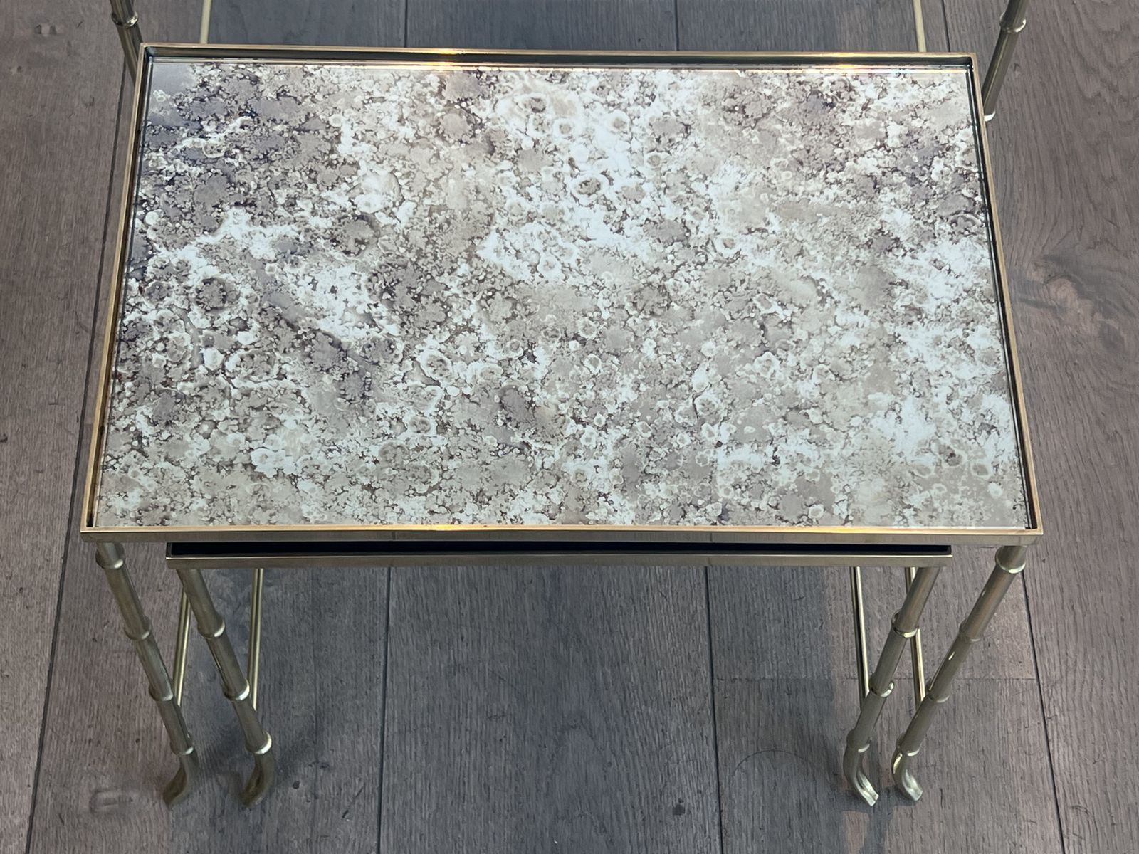 photo buy Set Of Nesting Tables In Faux Bamboo Style, Brass With Eglomisé Glass Top By Maison Baguès