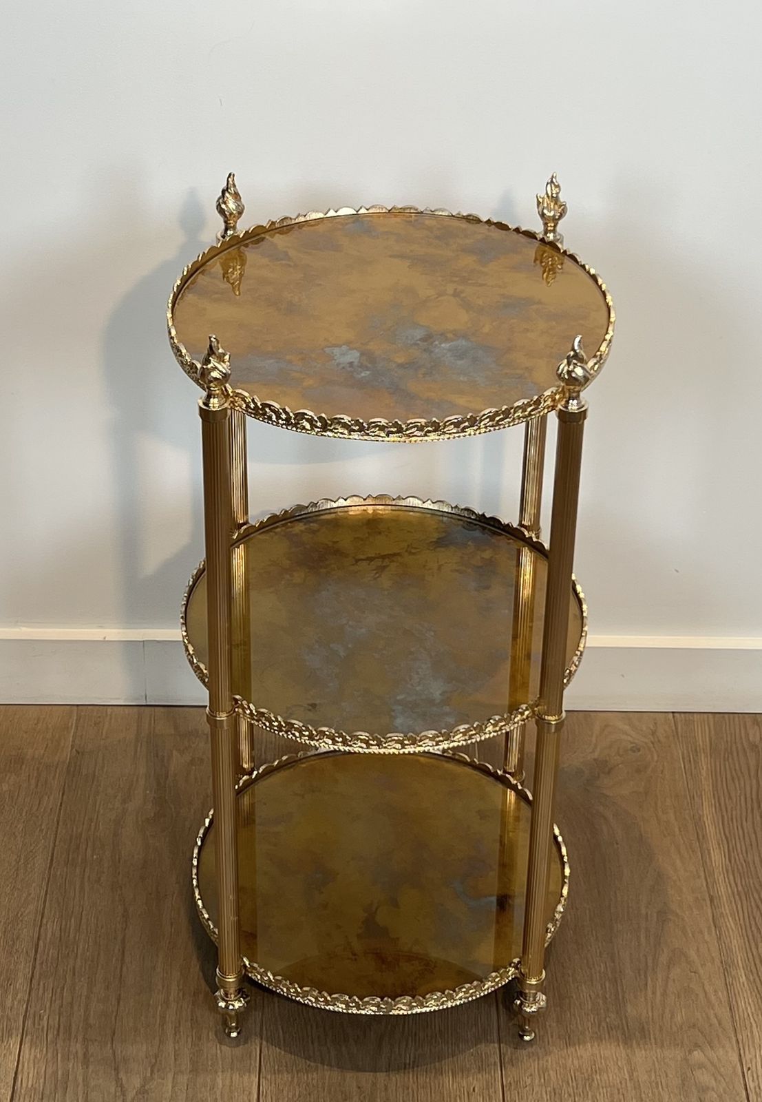 Round Silver Plated Brass Side Table With Triple Eglomisé Mirrored Shelves By Maison Jansen photo for sale