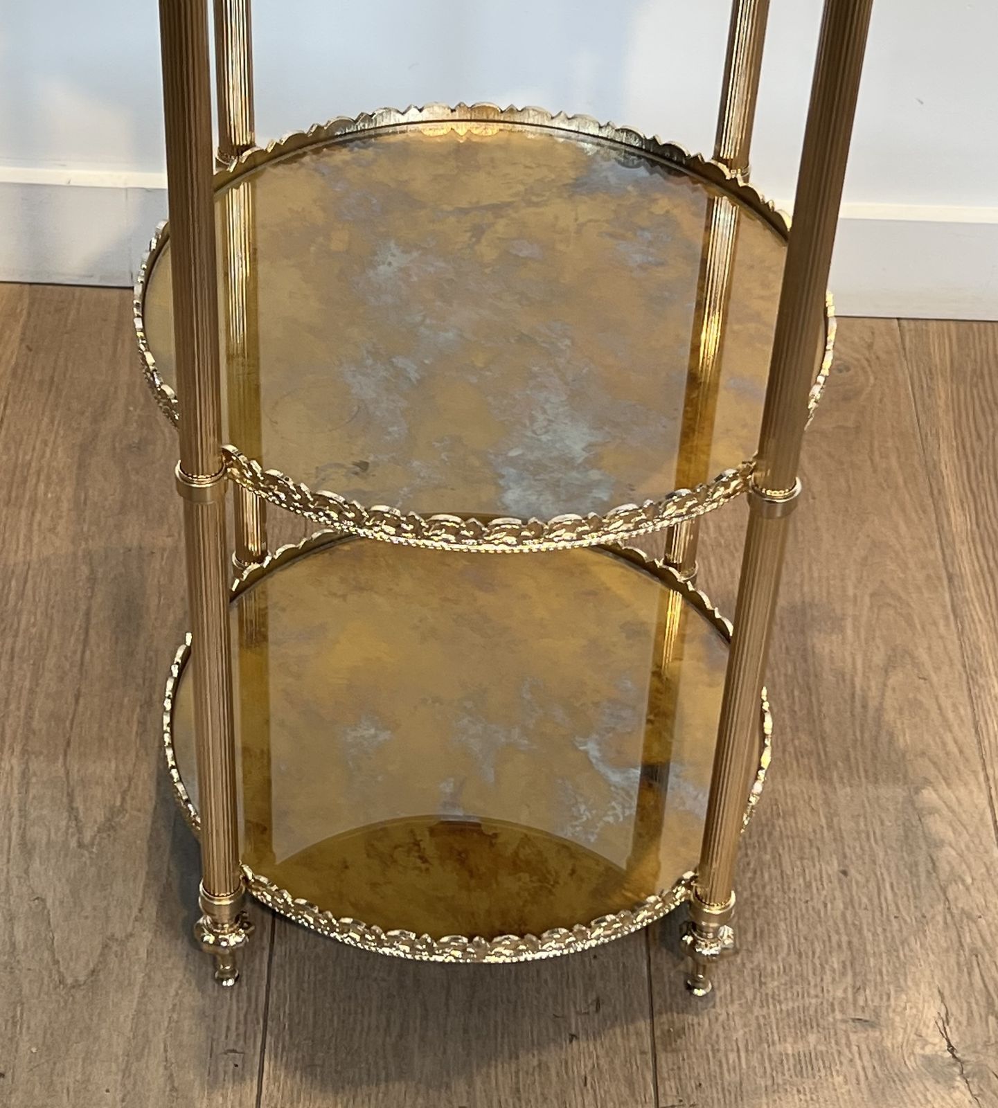 Round Silver Plated Brass Side Table With Triple Eglomisé Mirrored Shelves By Maison Jansen photo vintage