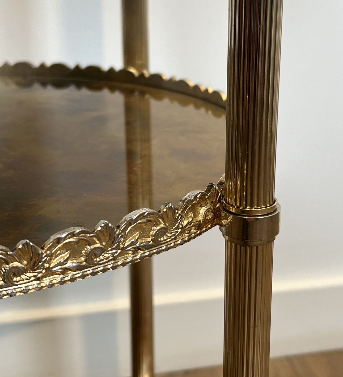 photo for sale Round Silver Plated Brass Side Table With Triple Eglomisé Mirrored Shelves By Maison Jansen