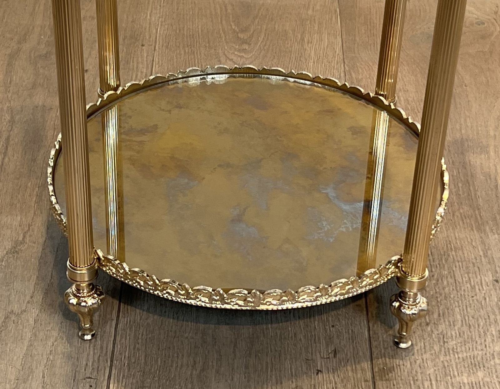 photo vintage Round Silver Plated Brass Side Table With Triple Eglomisé Mirrored Shelves By Maison Jansen