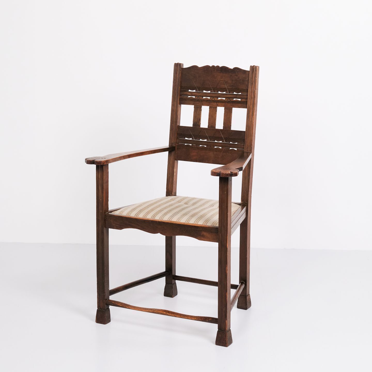 Antique Armchair   Oak   Striped Upholstery   1930s