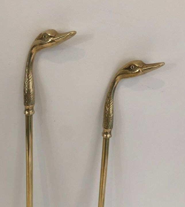 Brass Duck Head Fire Kit In The Style Of Maison Jansen photo vintage