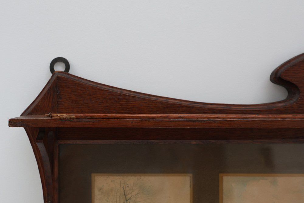 Art Nouveau Wall Mounted Coat Rack With Framed Watercolors From Cassier, Belgium, 1905 photo buy