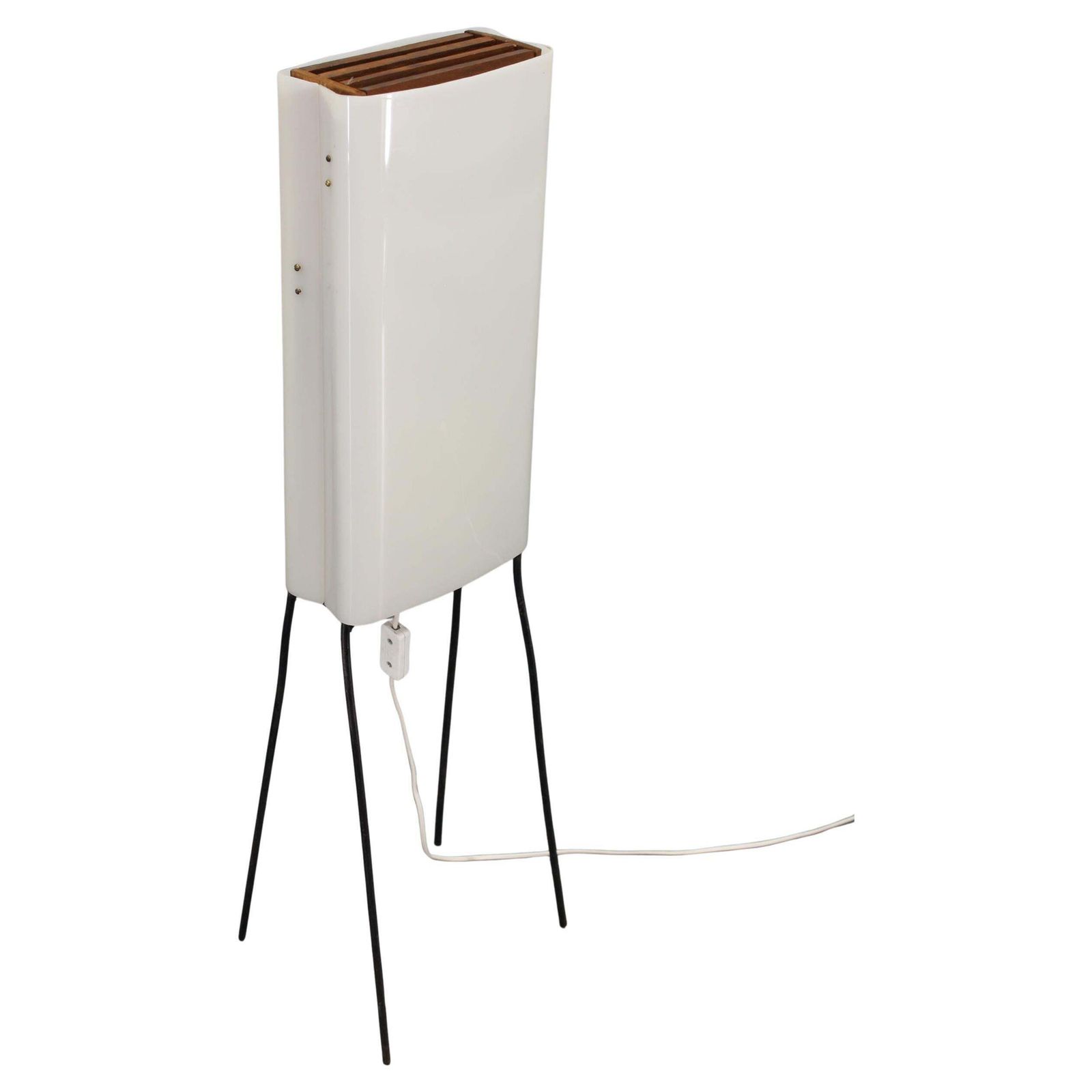Mid Century Modern Floor Lamp On Iron Legs With Plastic Shade And Wood Accent