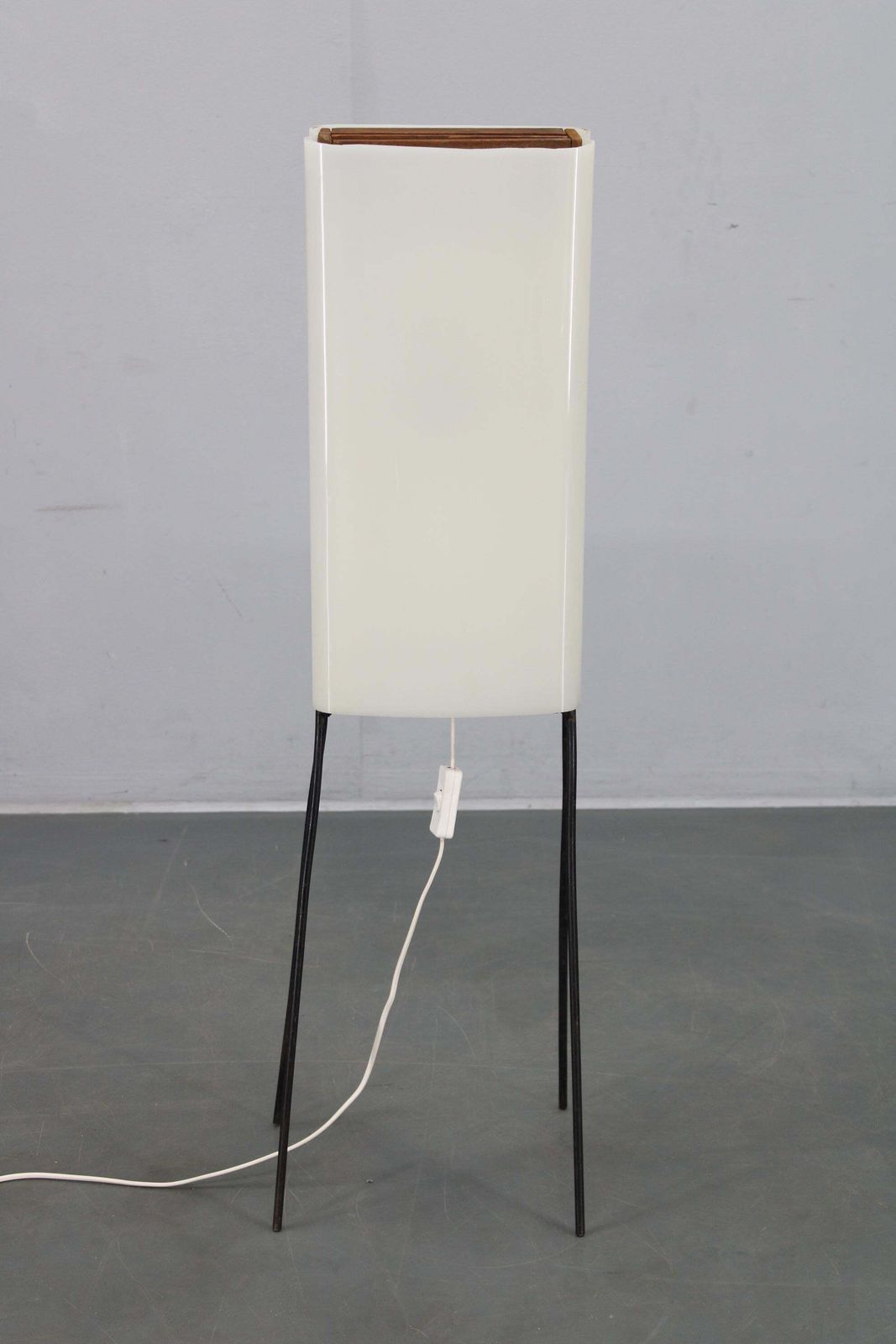 Mid Century Modern Floor Lamp On Iron Legs With Plastic Shade And Wood Accent photo furniture