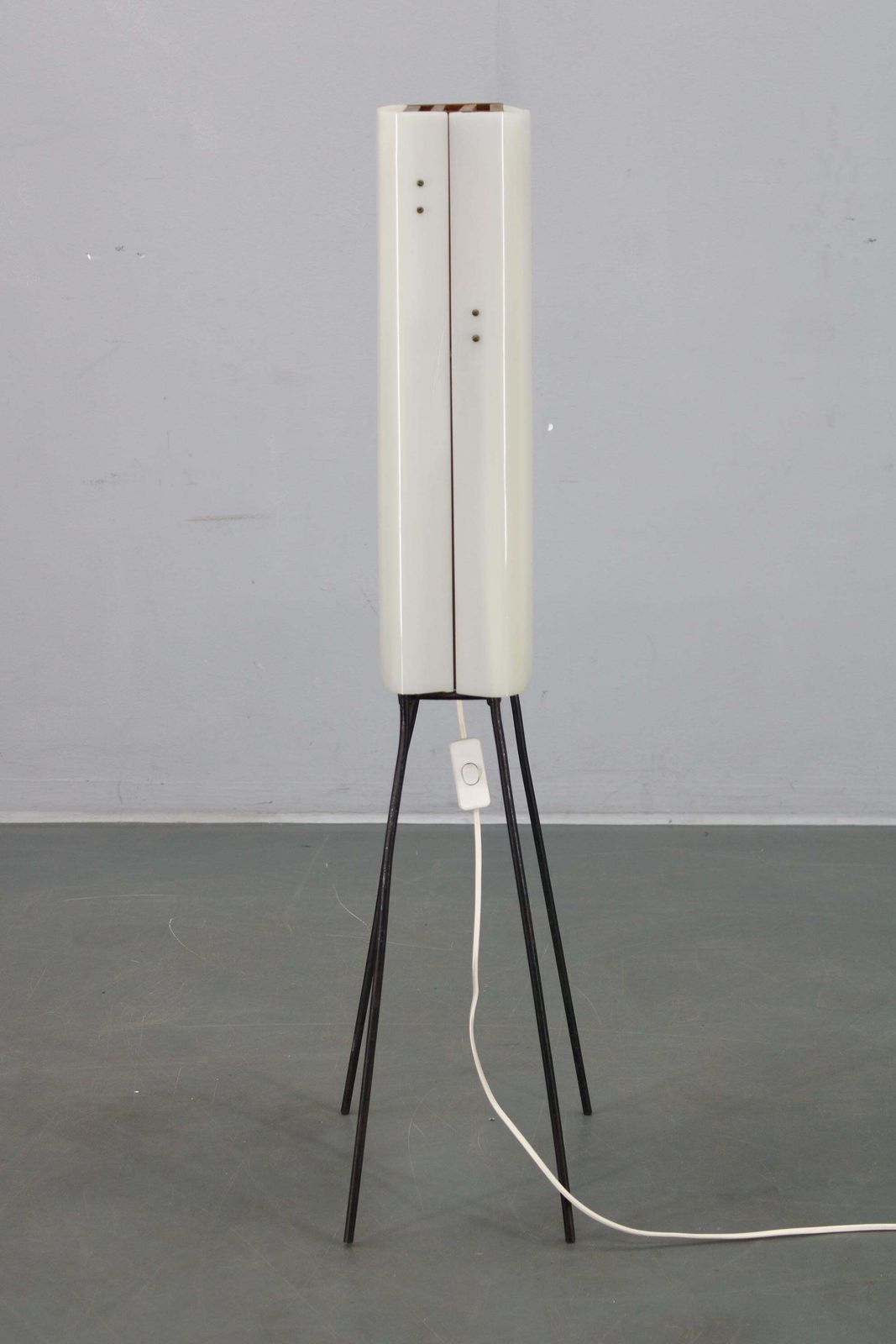 photo buy Mid Century Modern Floor Lamp On Iron Legs With Plastic Shade And Wood Accent