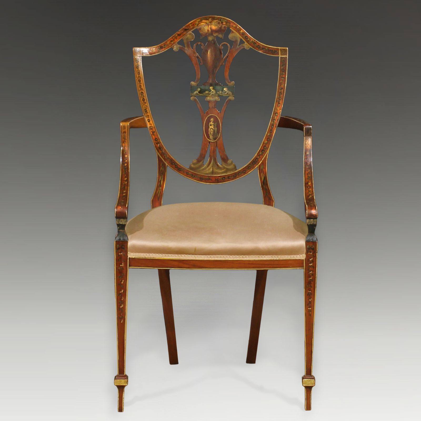 Antique Sheraton Painted Shield Back Satinwood Armchair  19thc Superb Quality