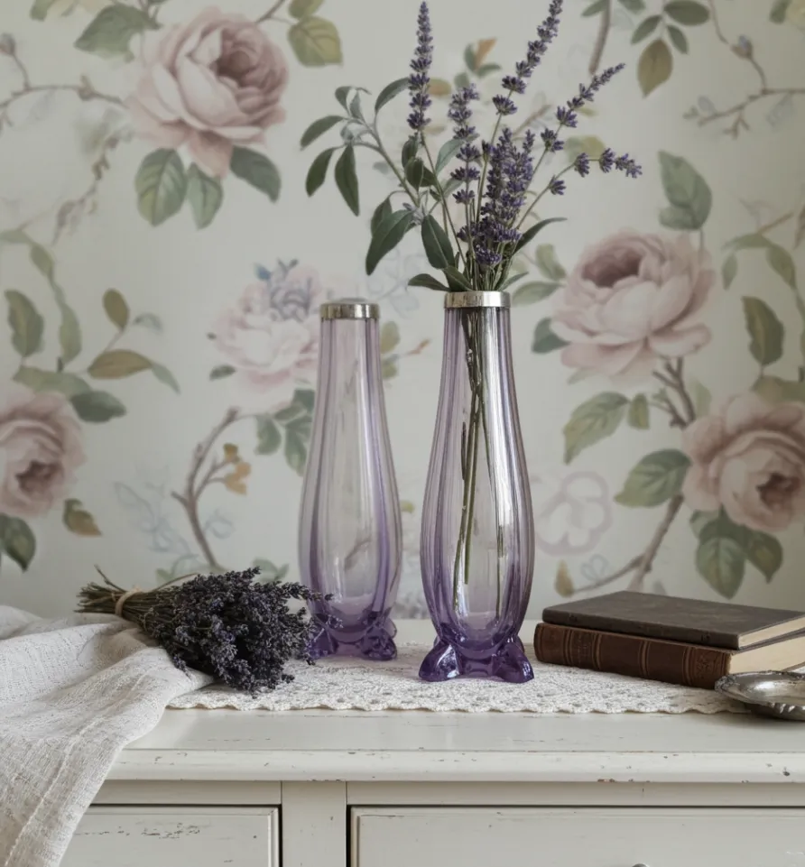 photo furniture Antique Pair Of Bohemia Export Amethyst Purple Glass Vases, London Hallmarked To David Loebl, Schindler, Sterling Silver Collars 1920s