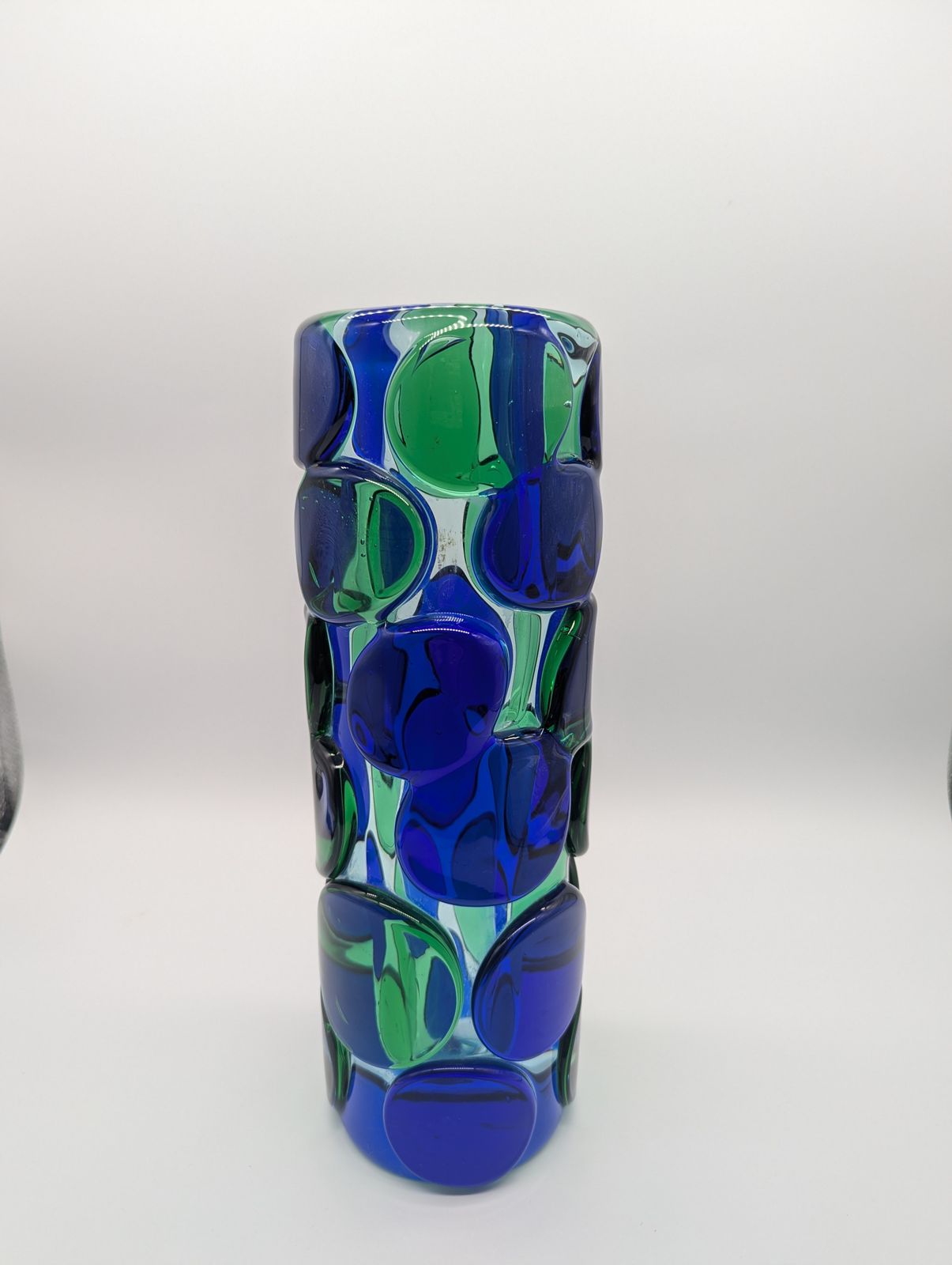 Skrdlovice Art Glass Vase By Jaroslav Svoboda, C.1970 – Blue & Green Applied Roundels (31.5 Cm) photo furniture