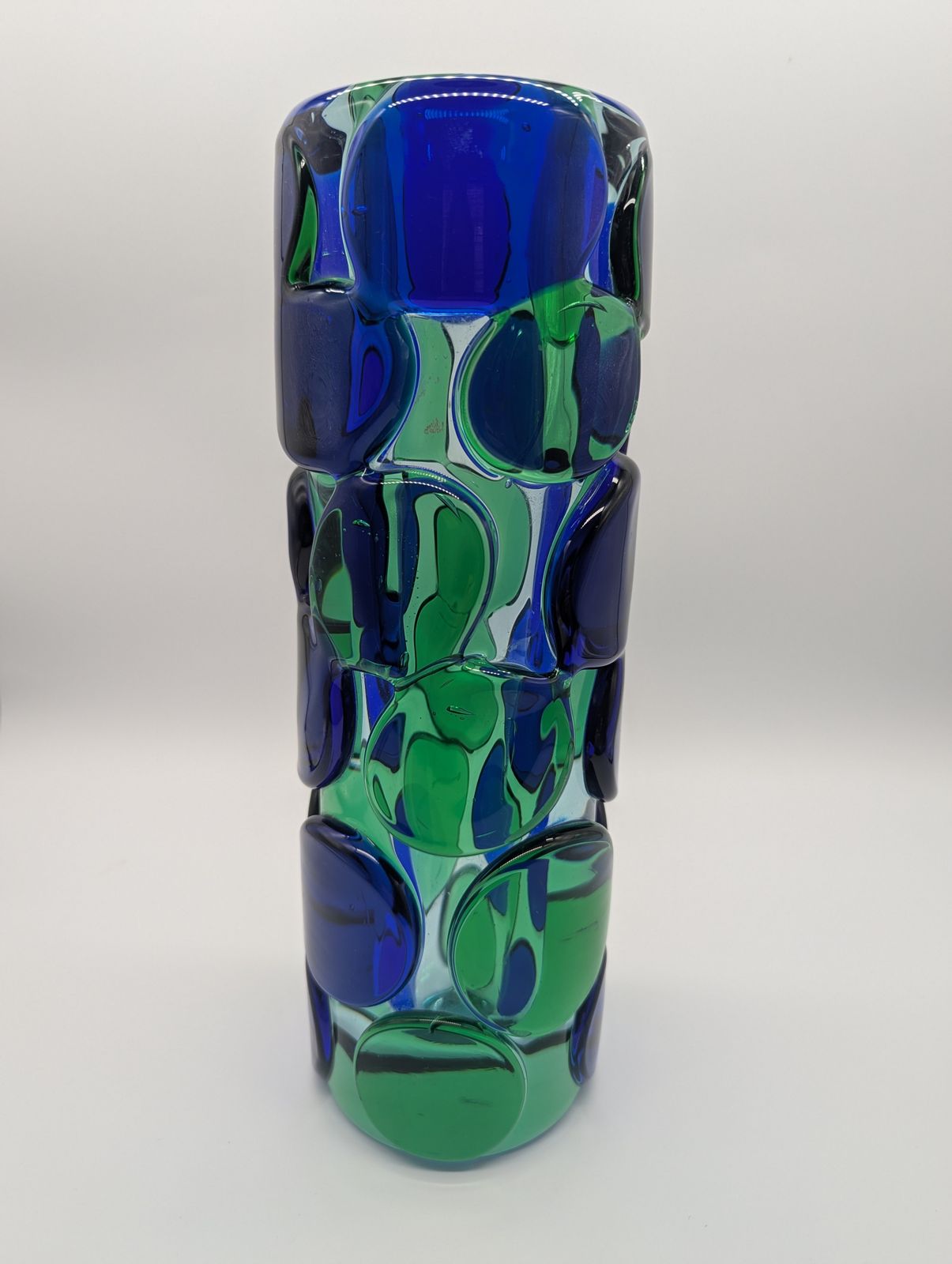 Skrdlovice Art Glass Vase By Jaroslav Svoboda, C.1970 – Blue & Green Applied Roundels (31.5 Cm) photo for sale