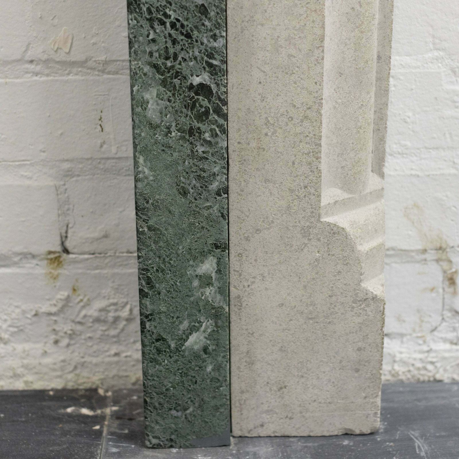 Home Fixtures Early 20th Century Portland Stone & Verdi Marble Fireplace Surround photo