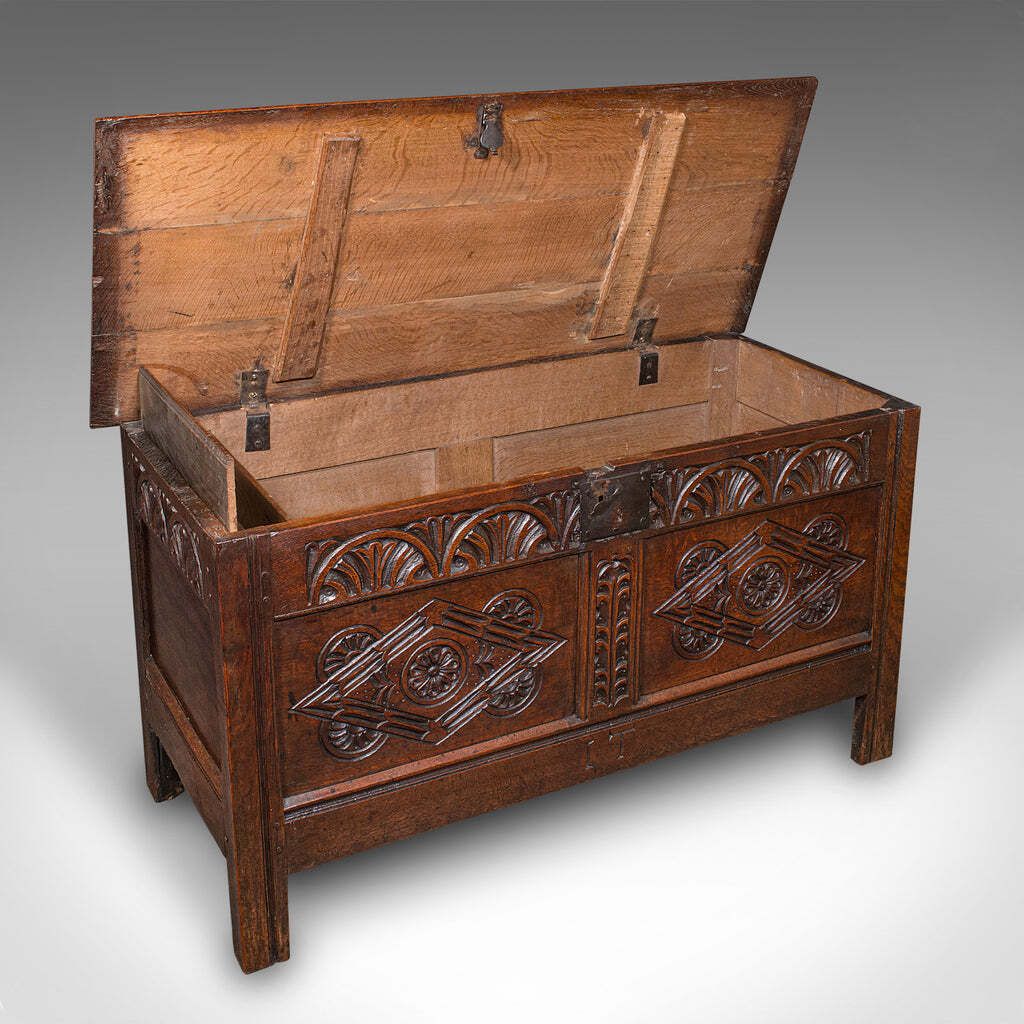 Large Antique Carved Coffer, English Oak, Blanket Chest, William III, Circa 1700 photo furniture