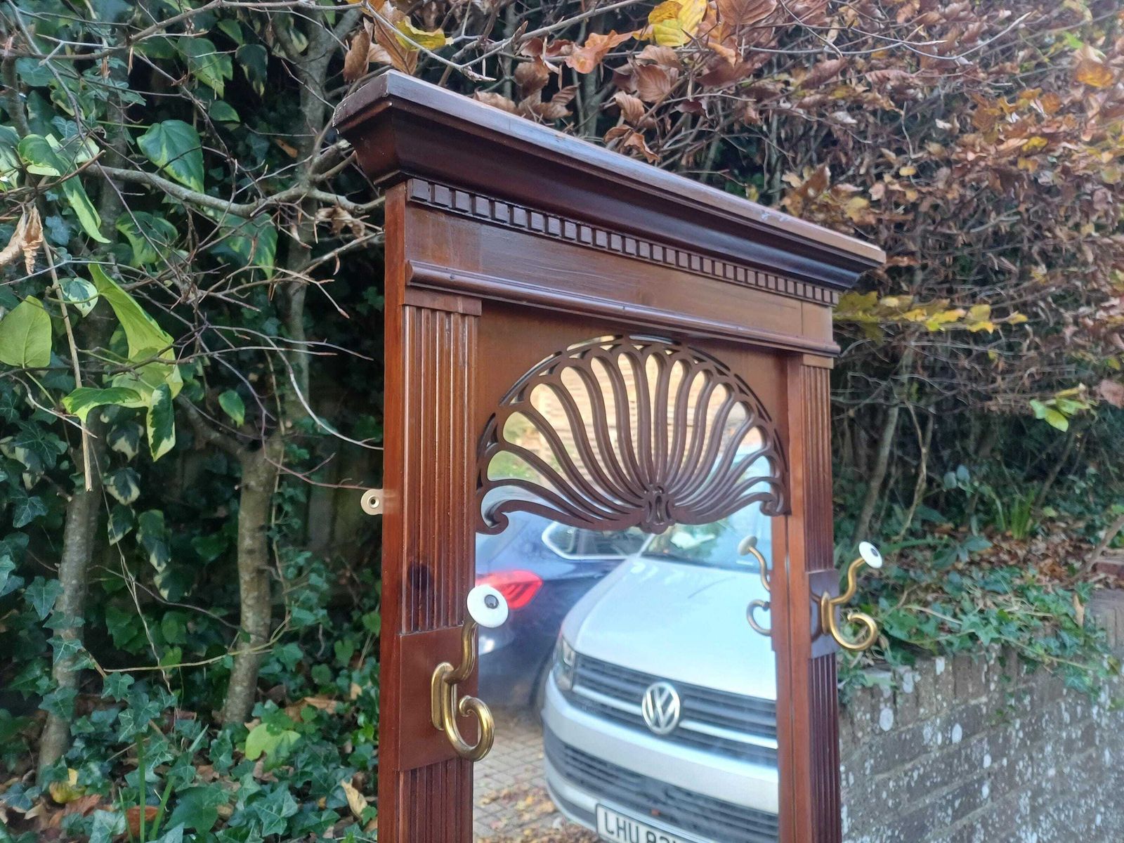 photo vintage 1980s American Wooden Hall Stand With Full Length Mirror, Brass Hooks & Marble Demi Lune Console Table Free Hand Delivery