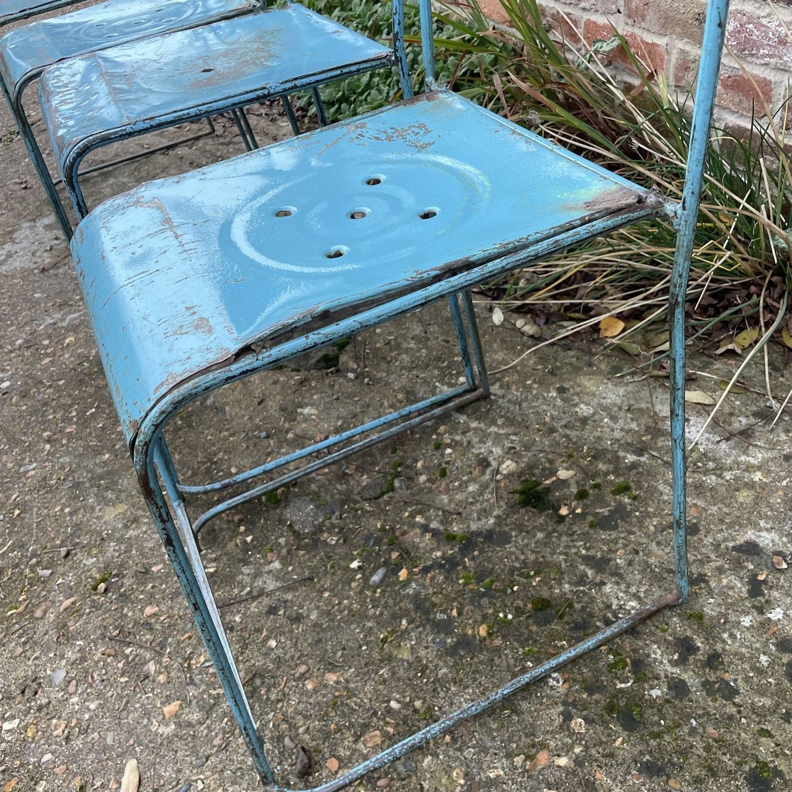4 X Vintage Indonesian Blue Metal Industrial Stackable Chairs Unique Set Of 4 photo vintage