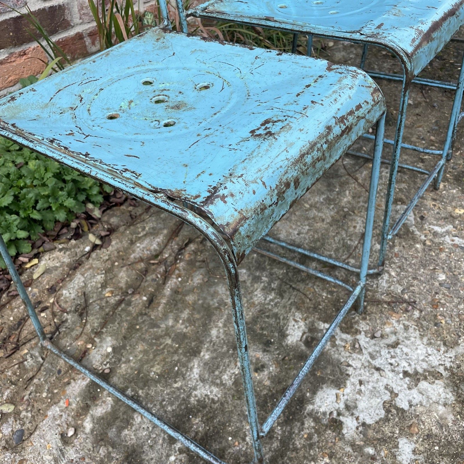 photo for sale 4 X Vintage Indonesian Blue Metal Industrial Stackable Chairs Unique Set Of 4