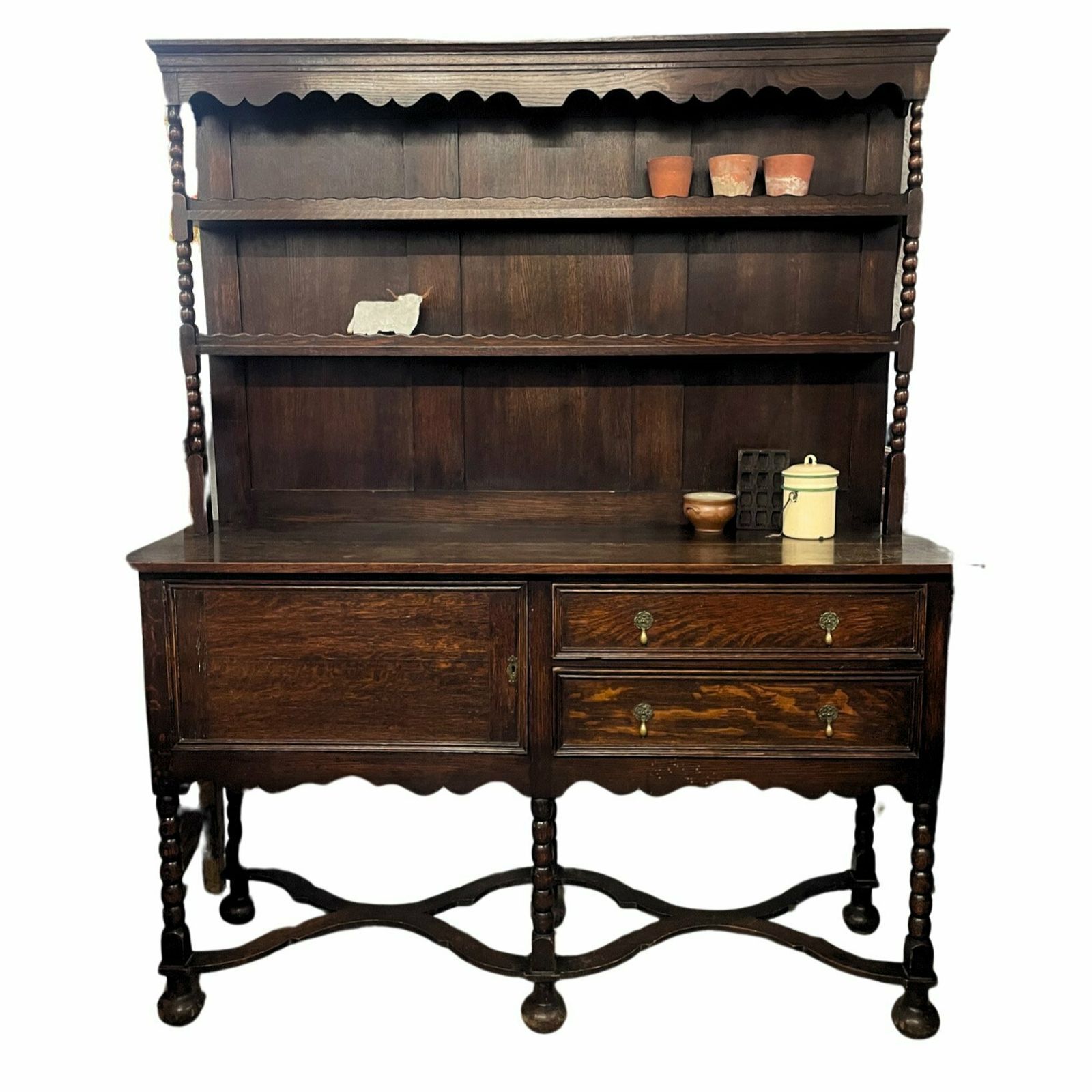 Charming English Oak Bobbin Dresser W/ Removable Shelving C.1930