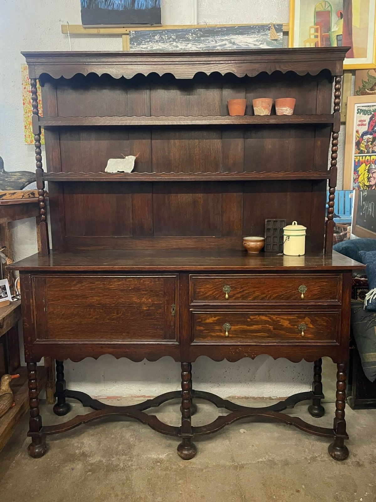 Charming English Oak Bobbin Dresser W/ Removable Shelving C.1930 photo 688.0