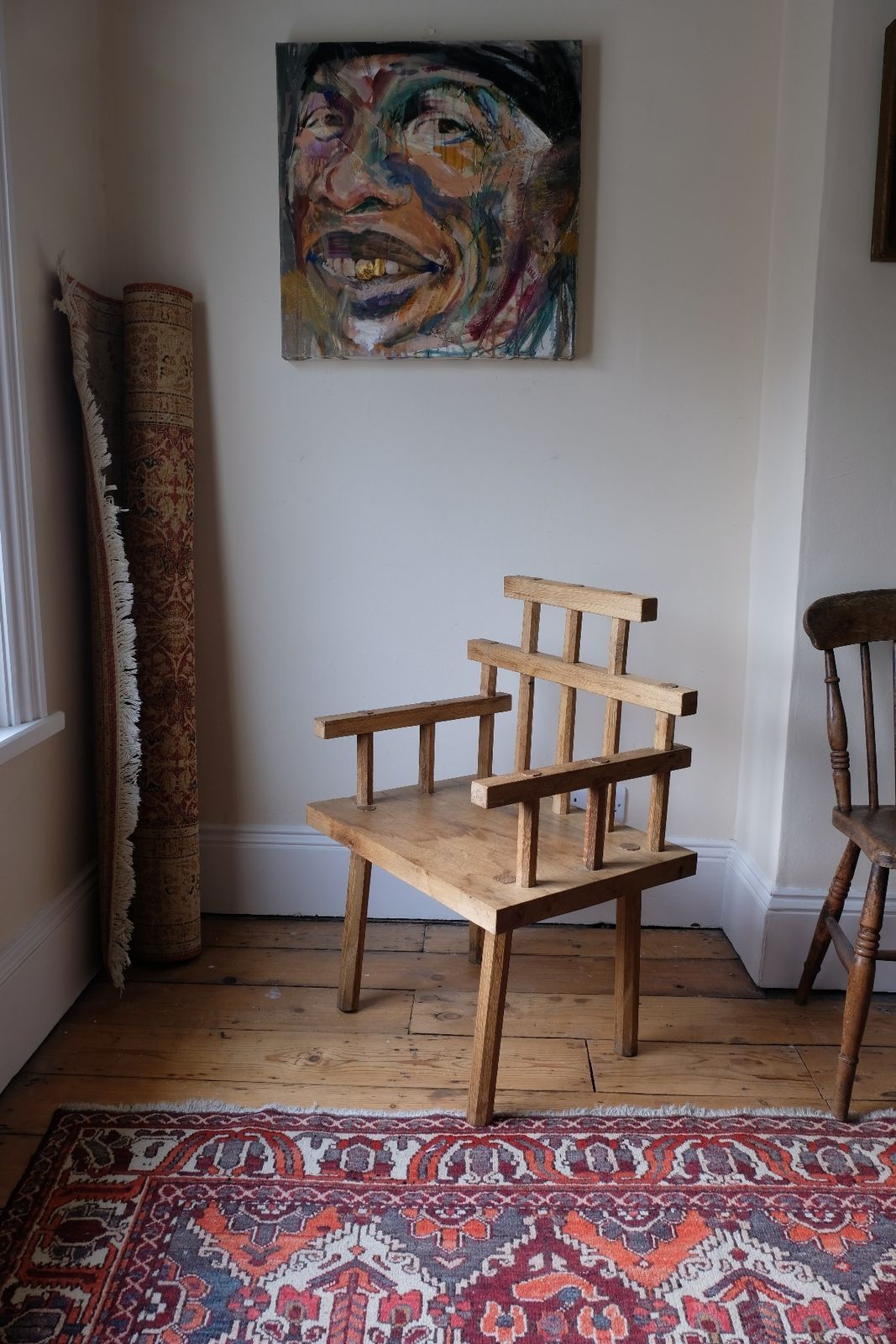 Primitive Handmade Wooden Armchair In Rustic Timber Finish