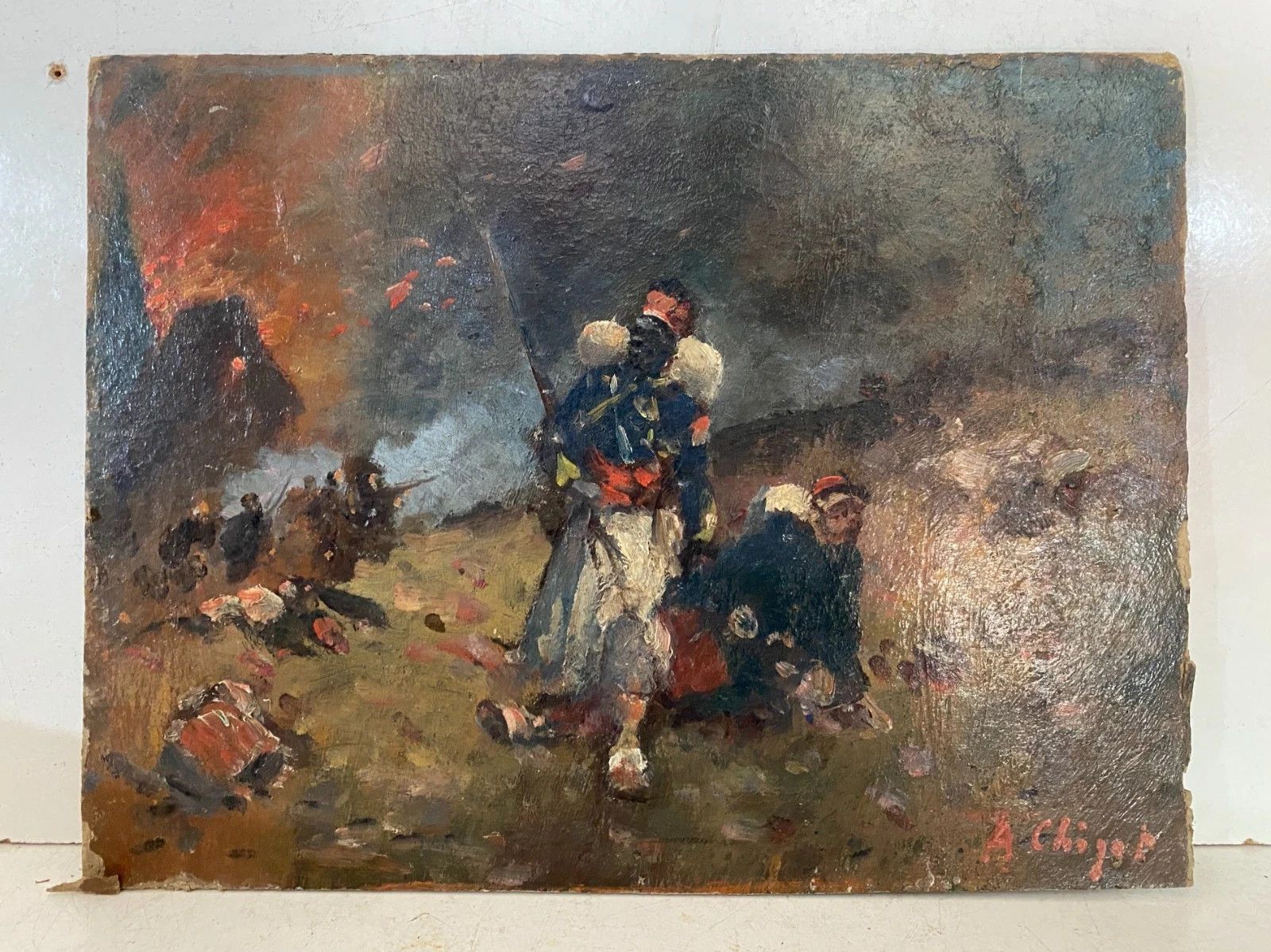 photo for sale "Alphonse Chigot The Battlefield" Oil On Isorel 19th Century