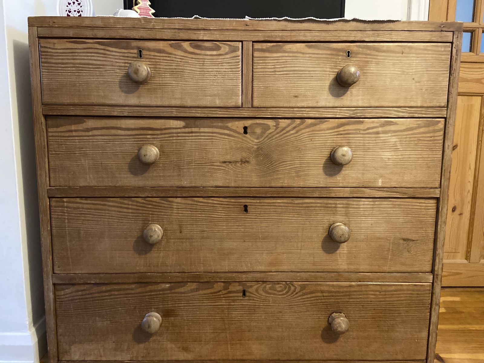 Large Vintage Wooden Pine Chest Of Draws ,3 Large Draws Two Small
