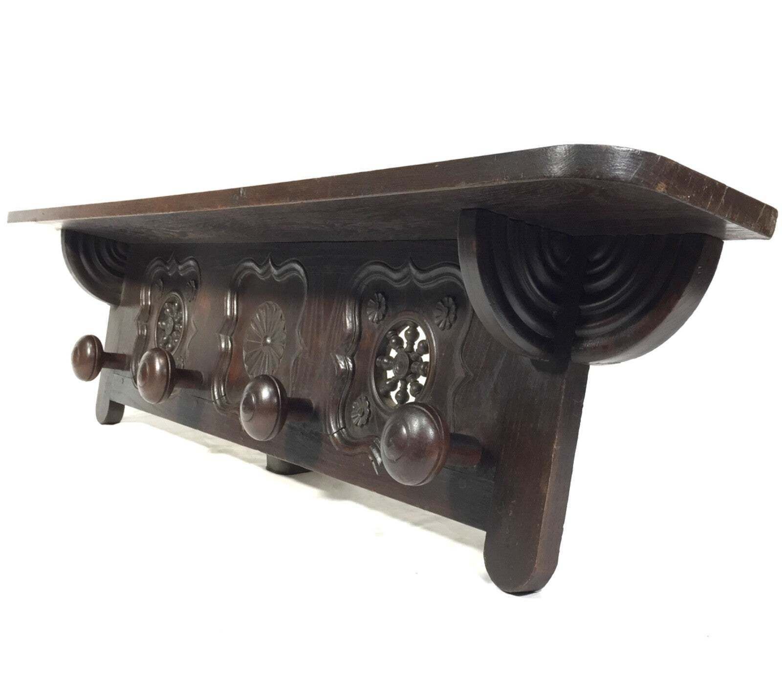 Antique Wooden Carved Entrance Hall Wall Hanging Coat Rack & Shelf Scarfs & Hat photo furniture