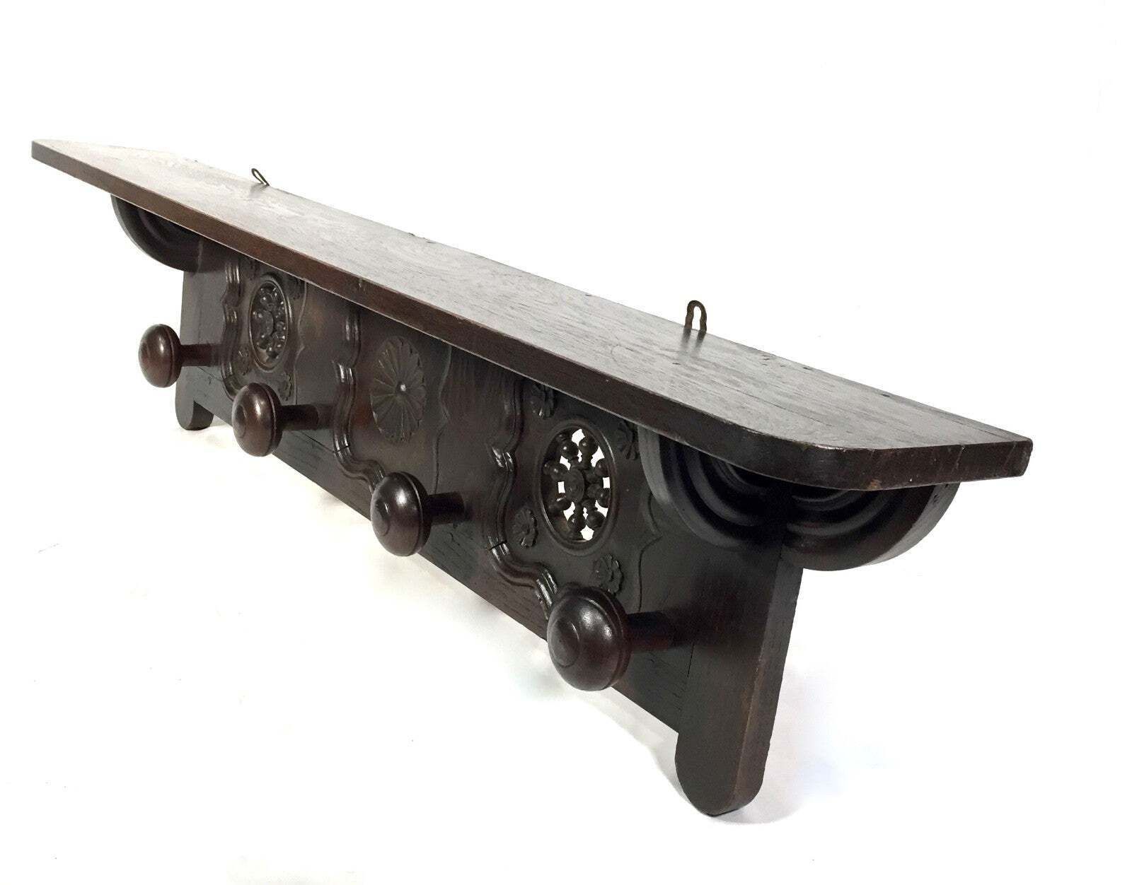 Antique Wooden Carved Entrance Hall Wall Hanging Coat Rack & Shelf Scarfs & Hat photo for sale
