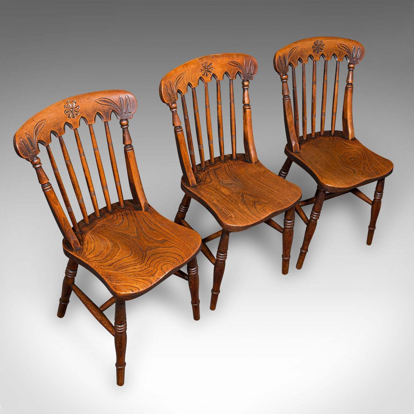 Trio Of Antique Station Chairs, English Elm, Reception Hall Side Seat, Victorian photo vintage