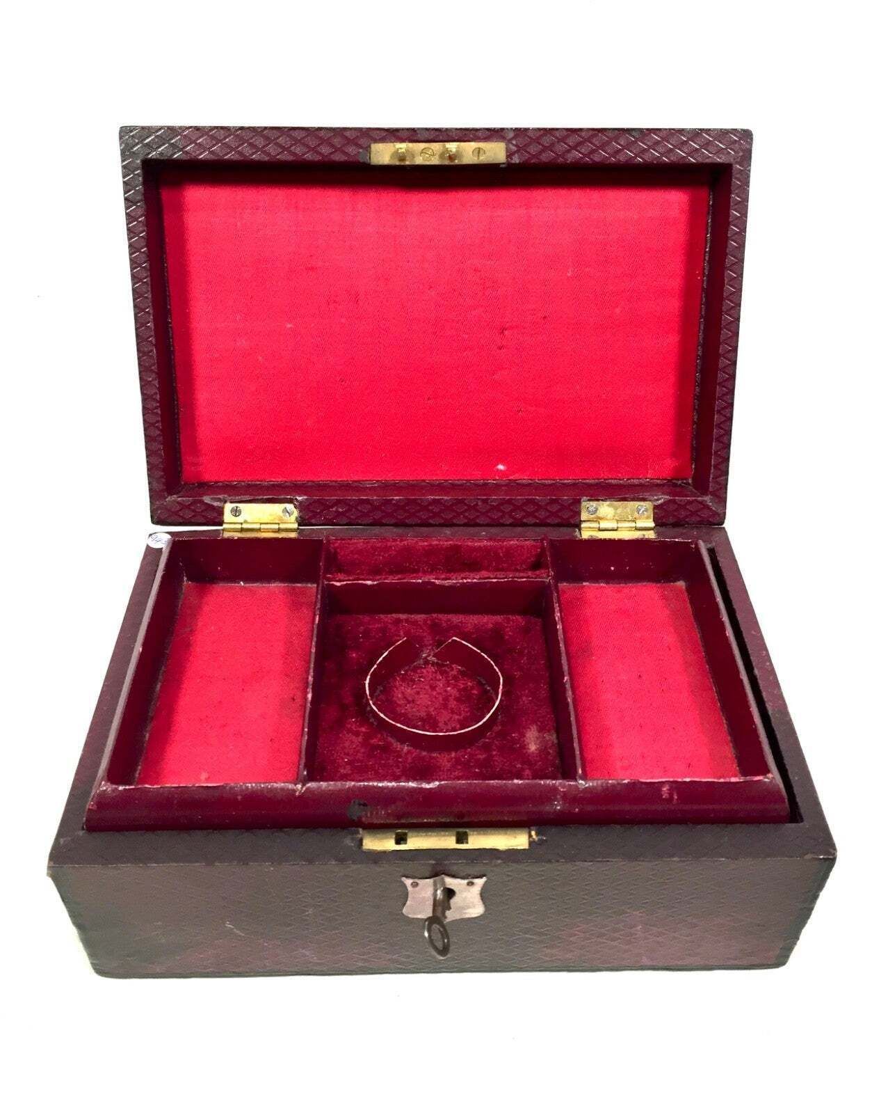 Antique Edwardian Leather Jewellery / Trinket Box With Key & Working Lock C.1910 photo 85.0