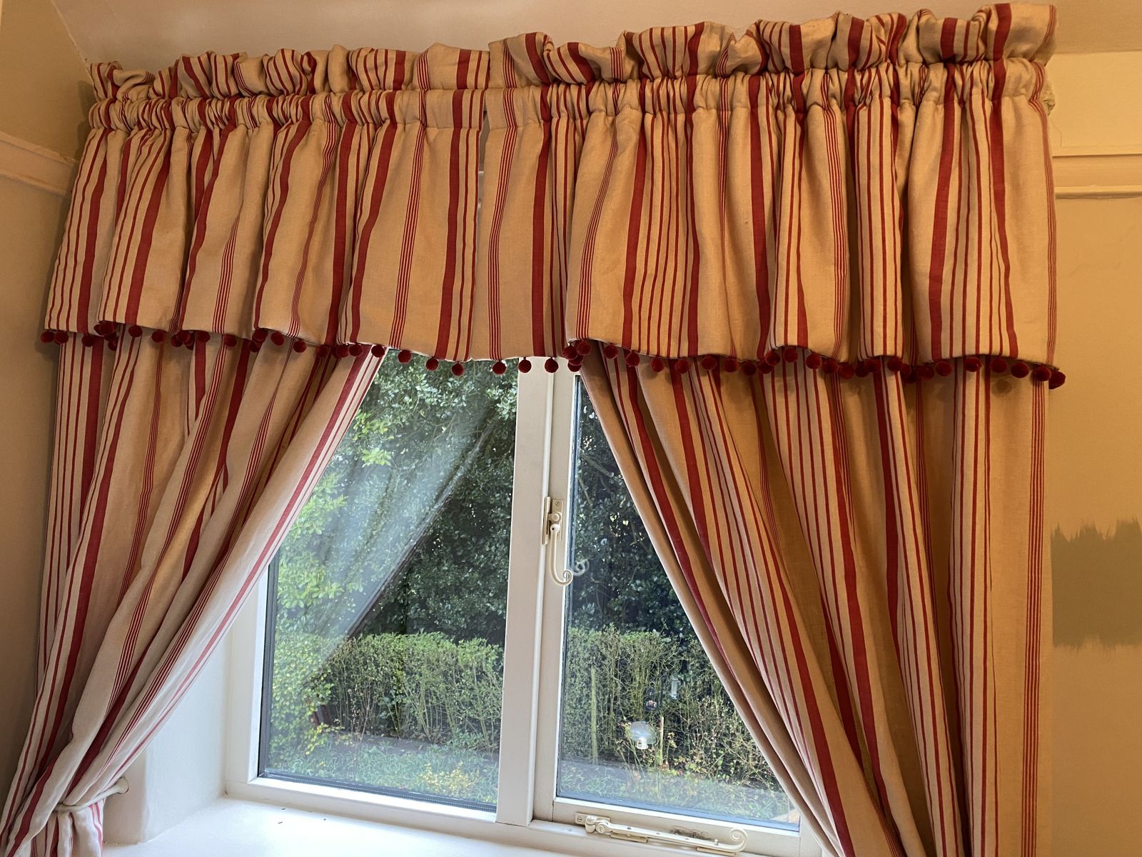 Kate Forman Red Ticking Pocket Rod Curtains And D Shaped  Cream Metal Pole photo buy