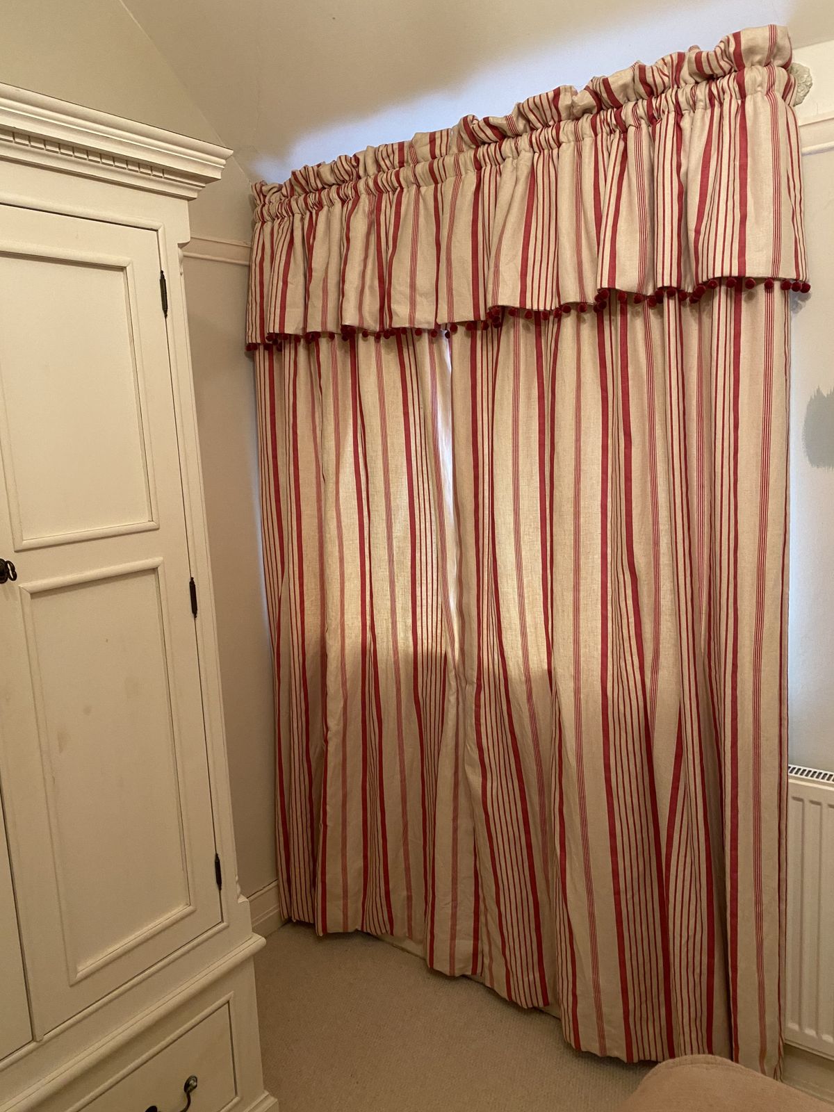 photo for sale Kate Forman Red Ticking Pocket Rod Curtains And D Shaped  Cream Metal Pole