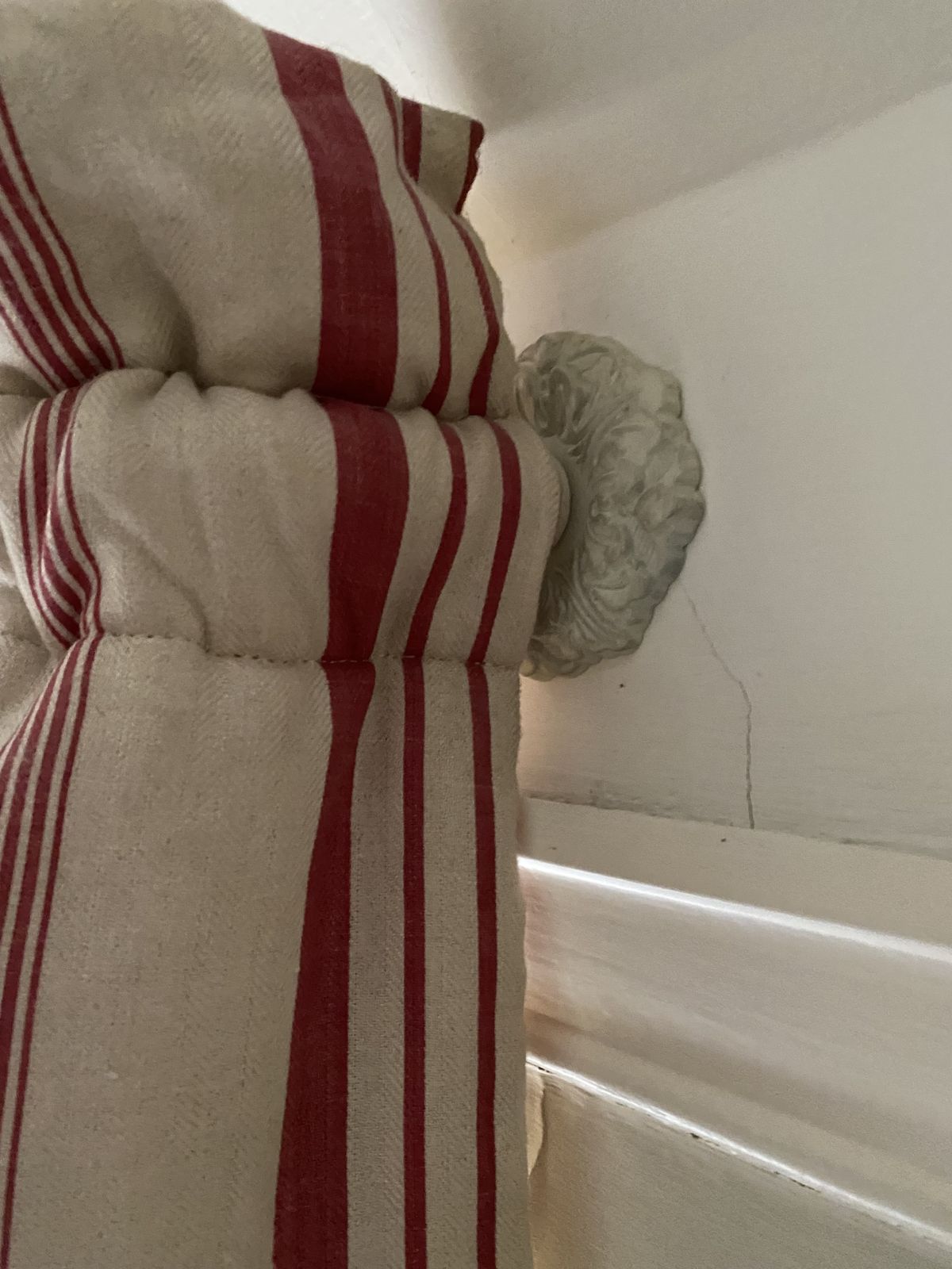 photo vinterior Kate Forman Red Ticking Pocket Rod Curtains And D Shaped  Cream Metal Pole