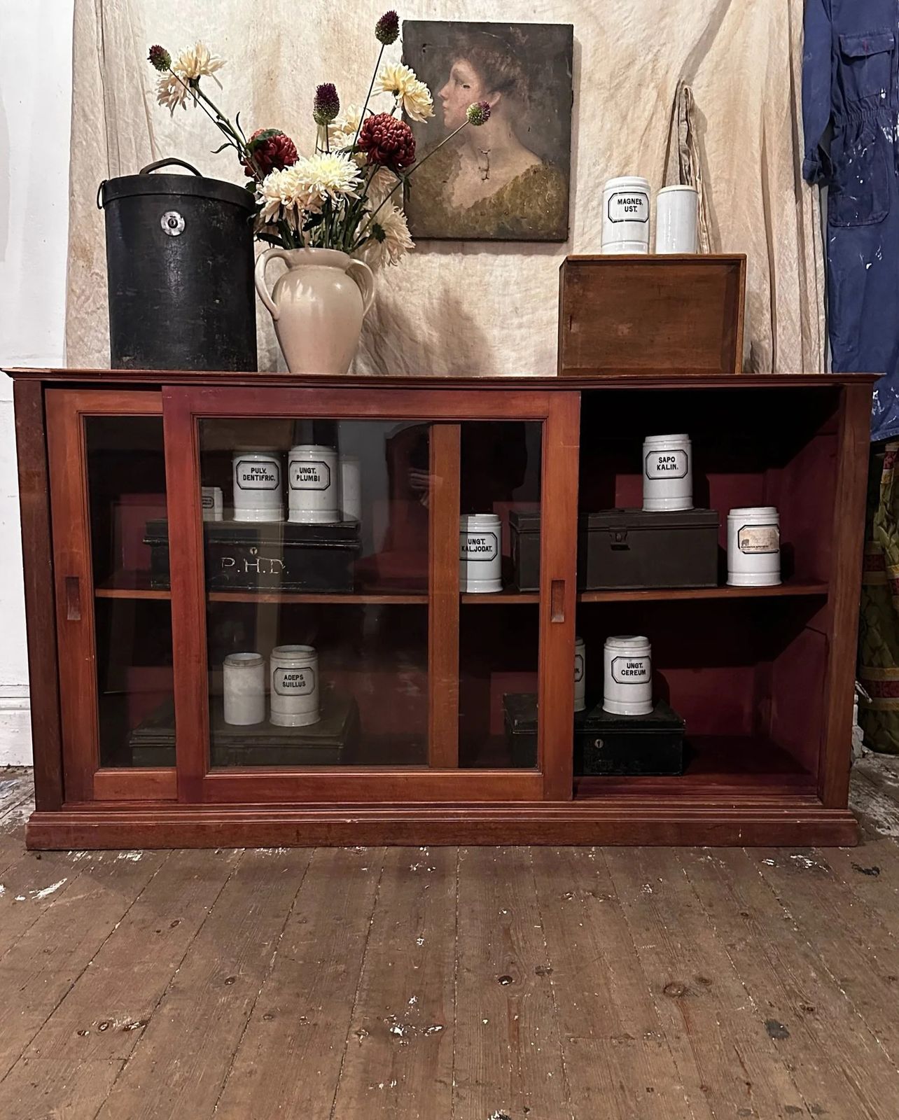 photo furniture English Glazed Mahogany Sliding Door Library Cabinet C1910