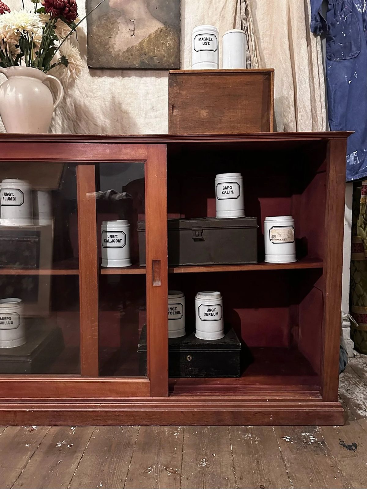 photo for sale English Glazed Mahogany Sliding Door Library Cabinet C1910