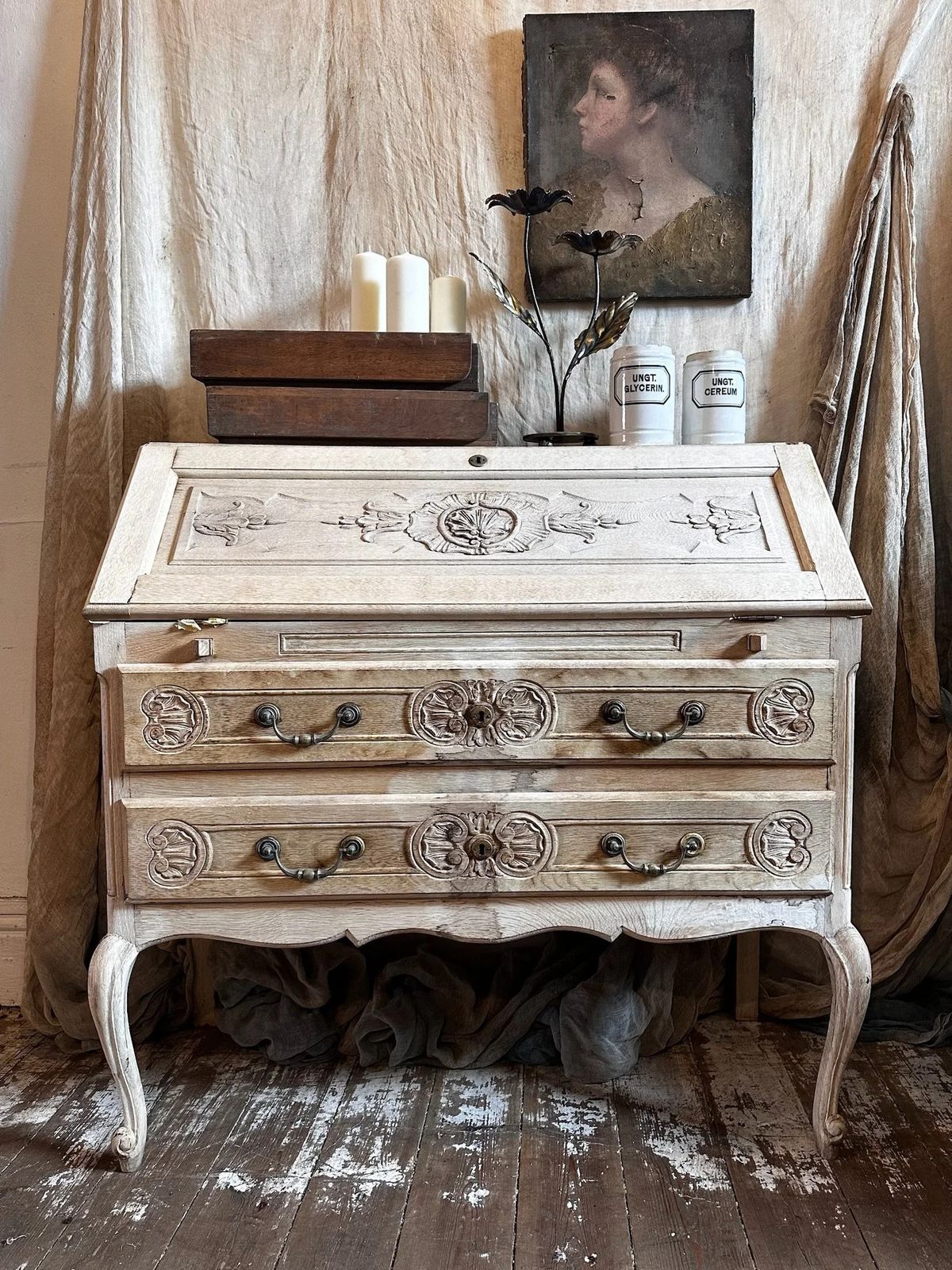 French Bleached Oak Louis XV Secretaire, C1950