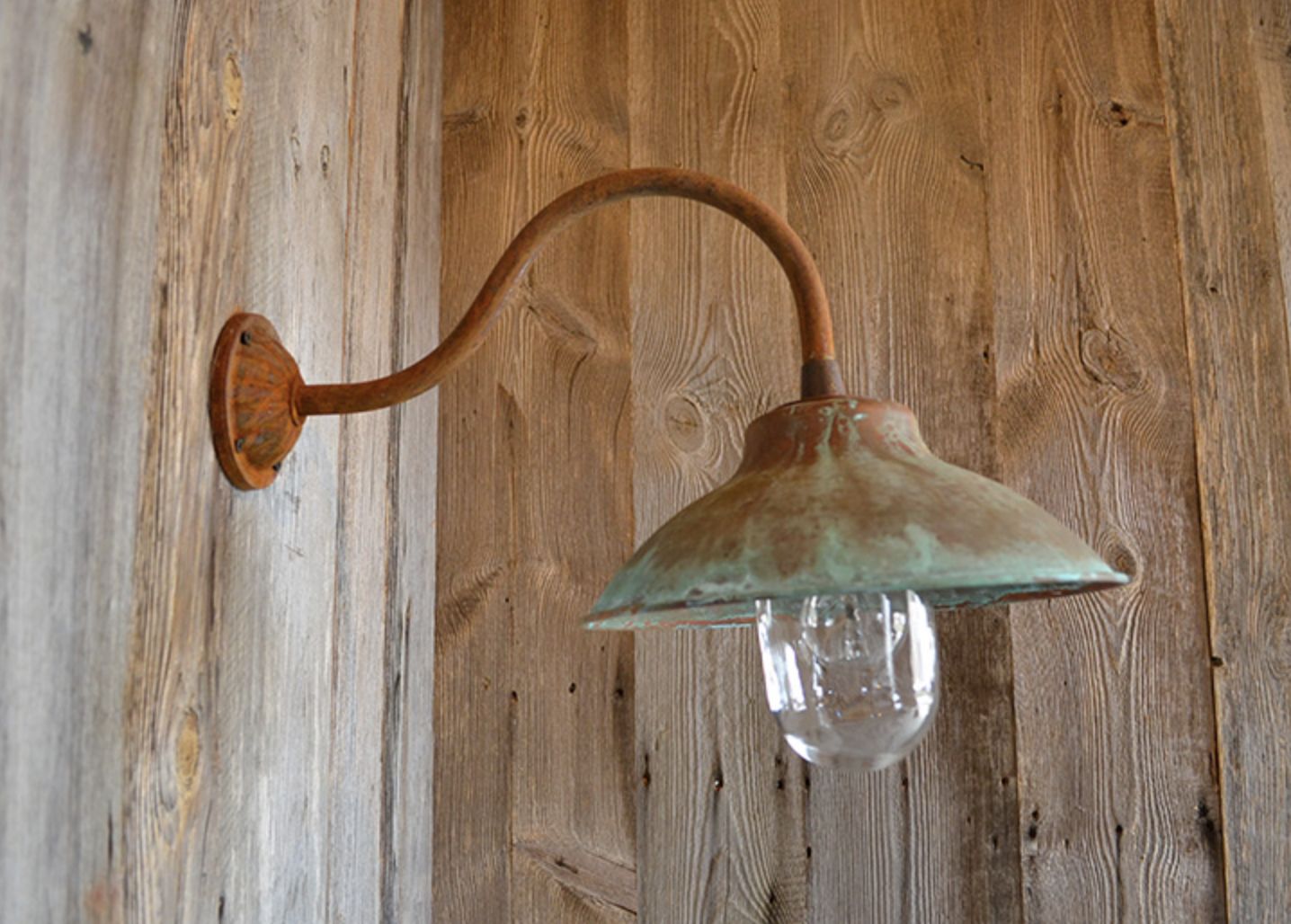 Beautiful Handmade "Simply Copper" Belgian Verdigris Swan Neck Lamps. Aged Copper & Enamel Porch Lights, Different Sizes And Glass Domes