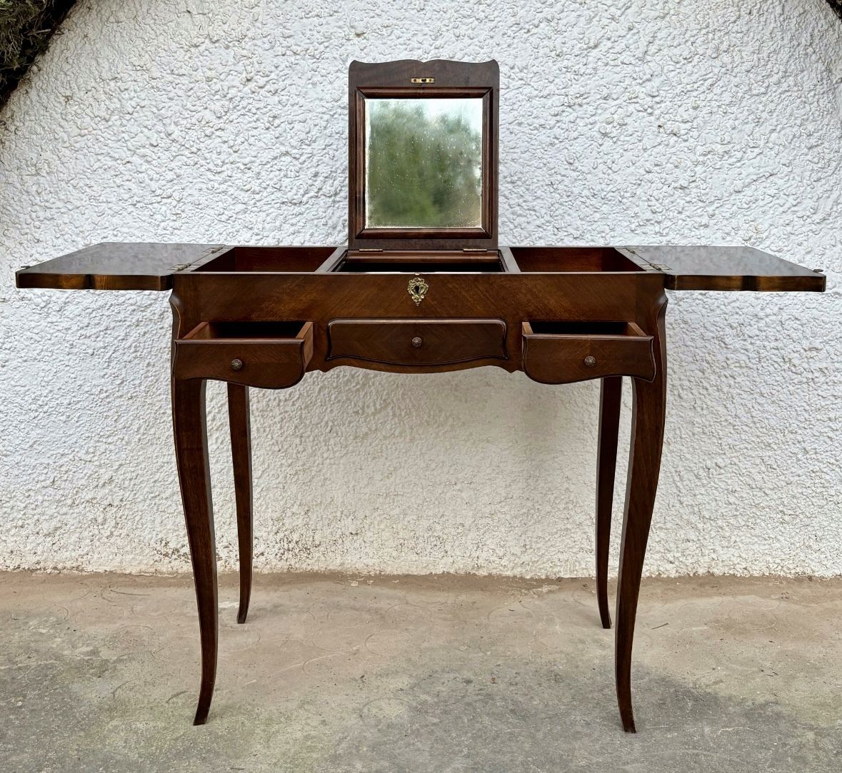 Elegant Early 20th Century French Vanity Table With Folding Compartments And Mirror photo for sale