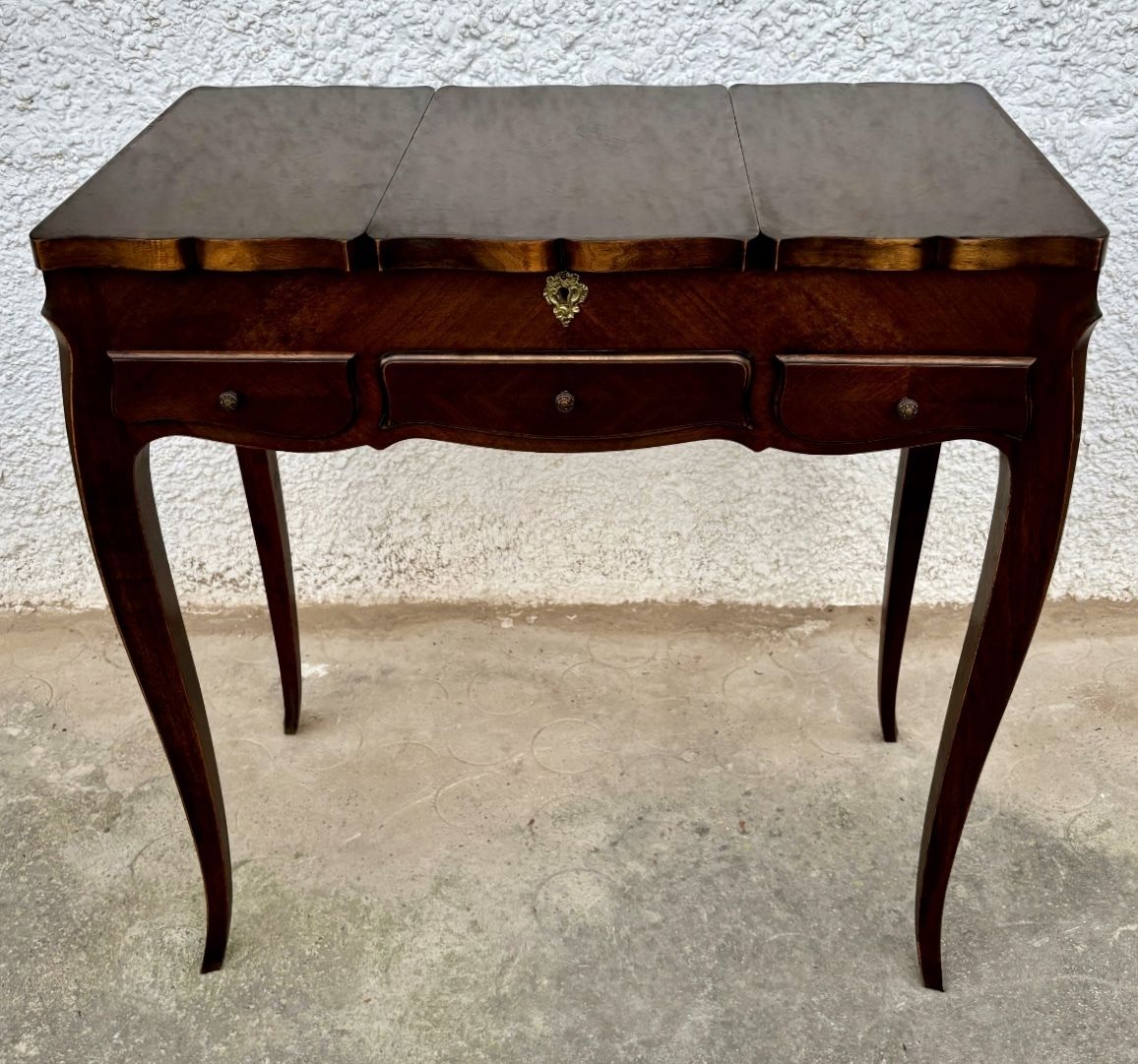 photo for sale Elegant Early 20th Century French Vanity Table With Folding Compartments And Mirror
